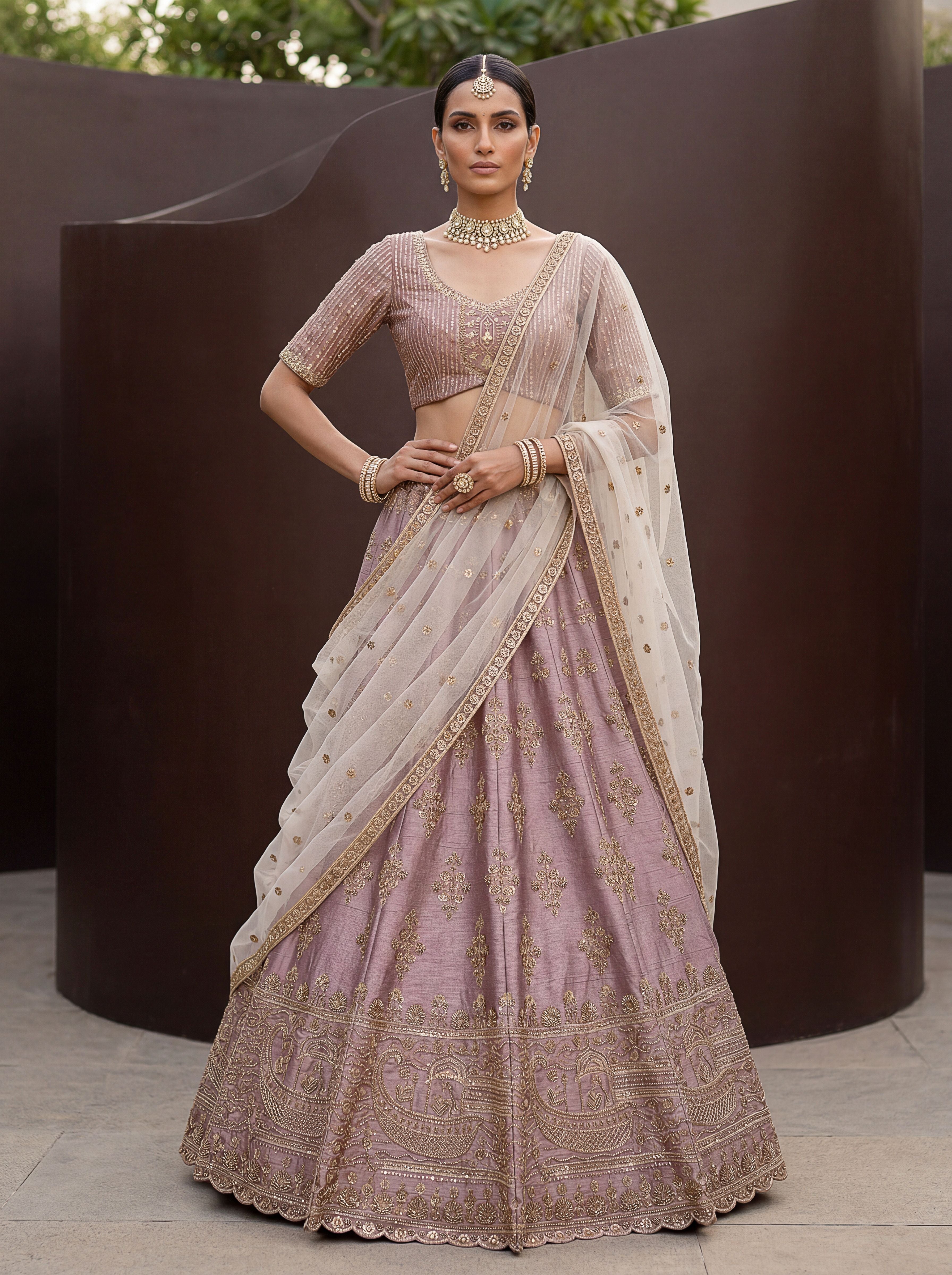 Mauve Silk Lehenga Choli With Hand Work With Jari Embroidery And Pipe Work