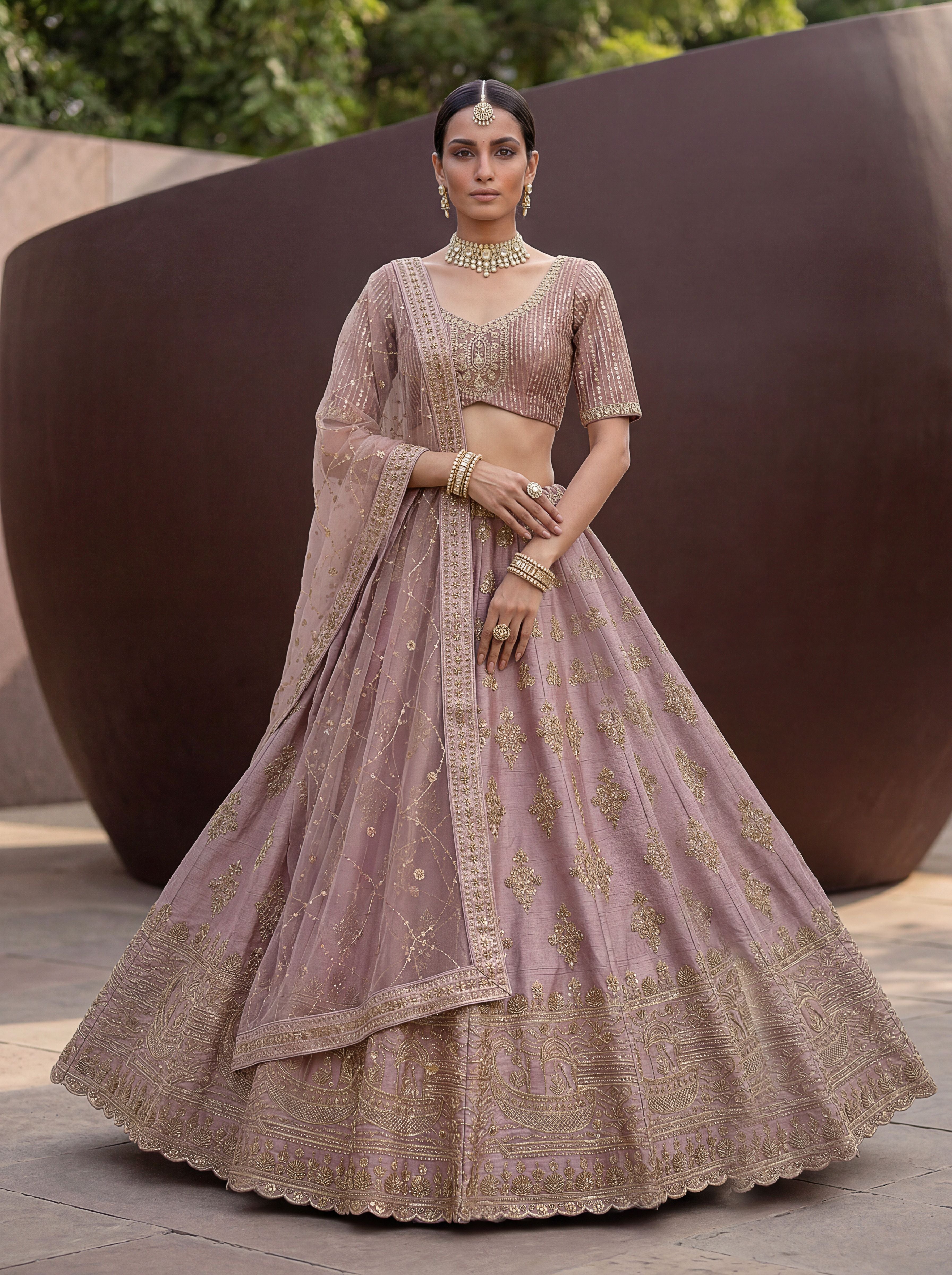 Mauve Silk Lehenga Choli With Hand Work With Jari Embroidery And Pipe Work