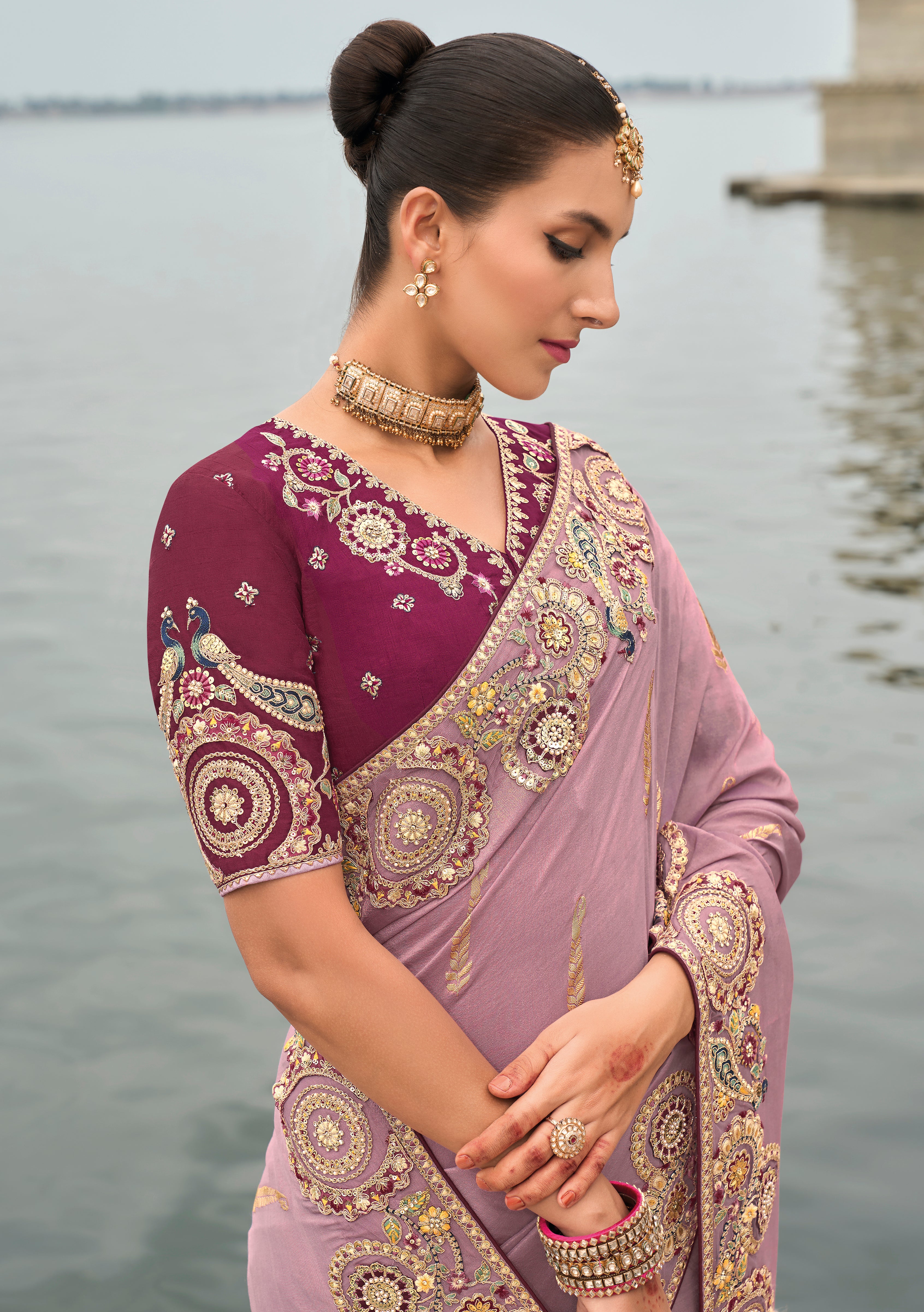 Mauve Silk Saree With  Embroidery Work