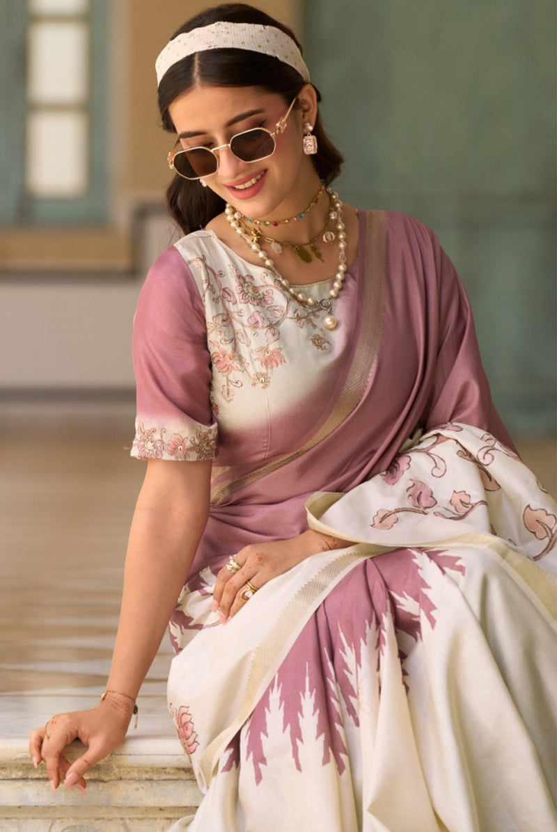 Mauve & Cream Saree With  Print