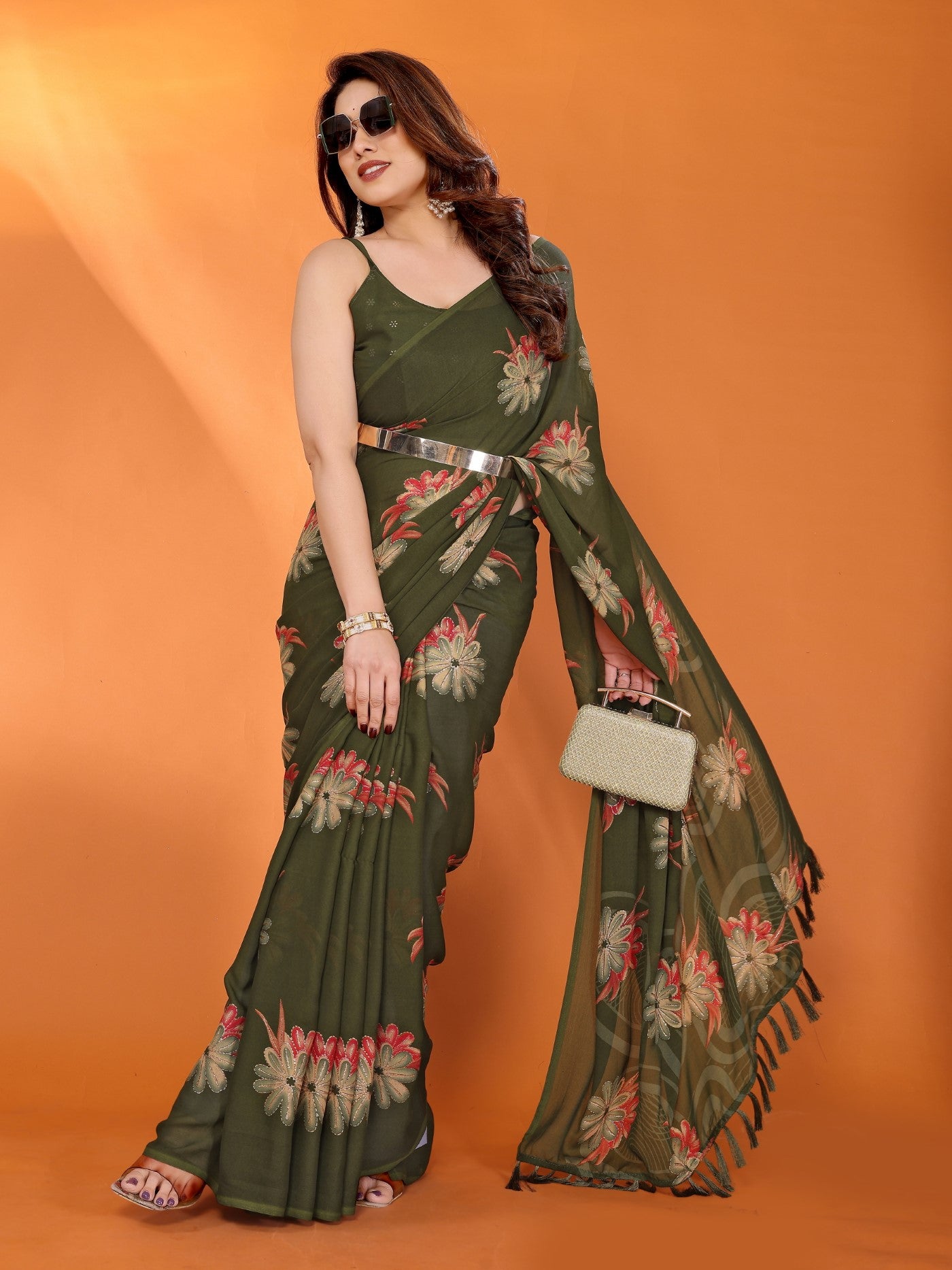 Mehendi Bright Moss Satin Patta Saree With Printed Design