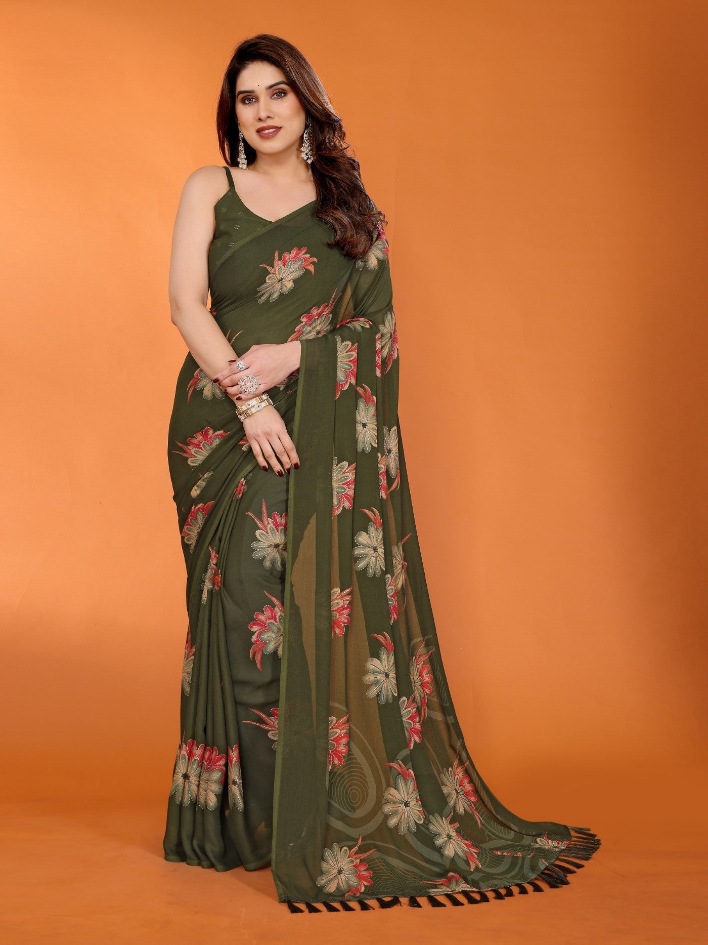 Mehendi Bright Moss Satin Patta Saree With Printed Design