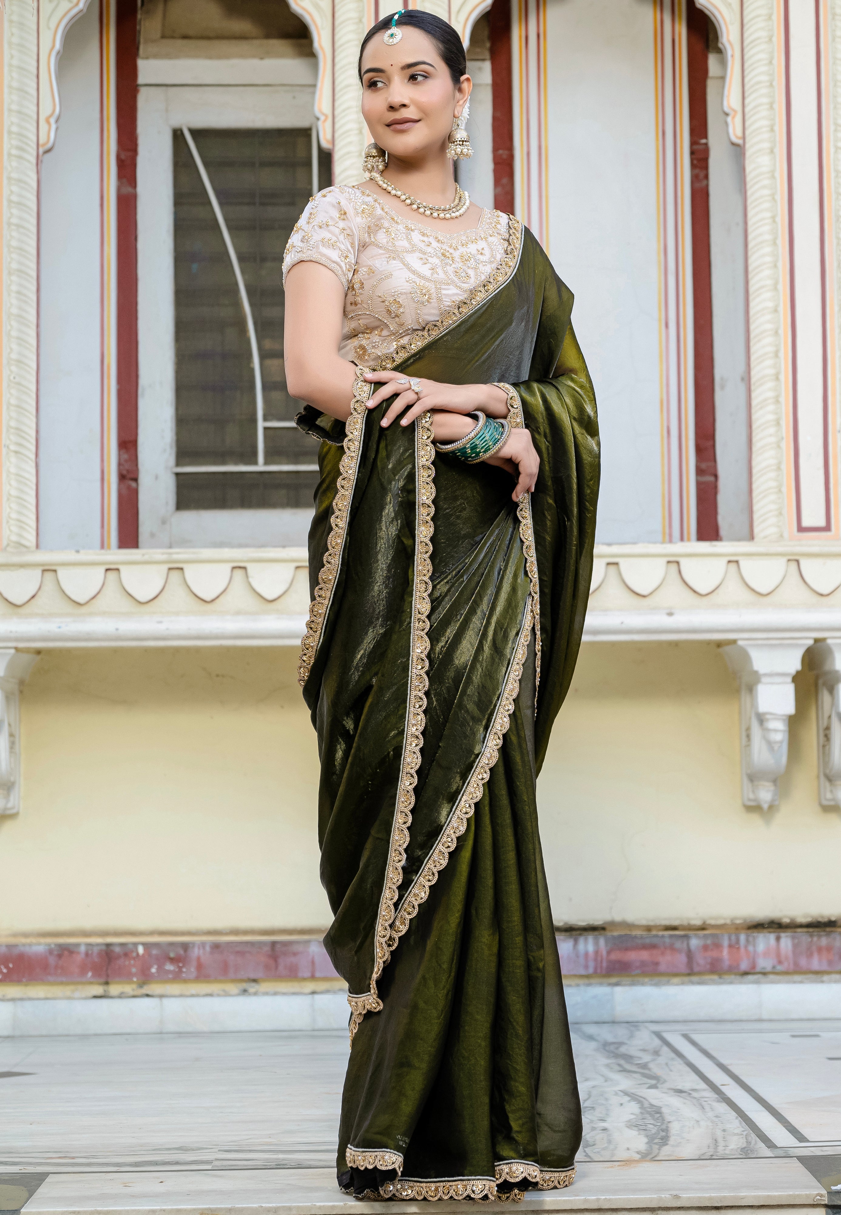 Mehendi Color  Satin with Velvet Lustre Saree With  Handwork Lace