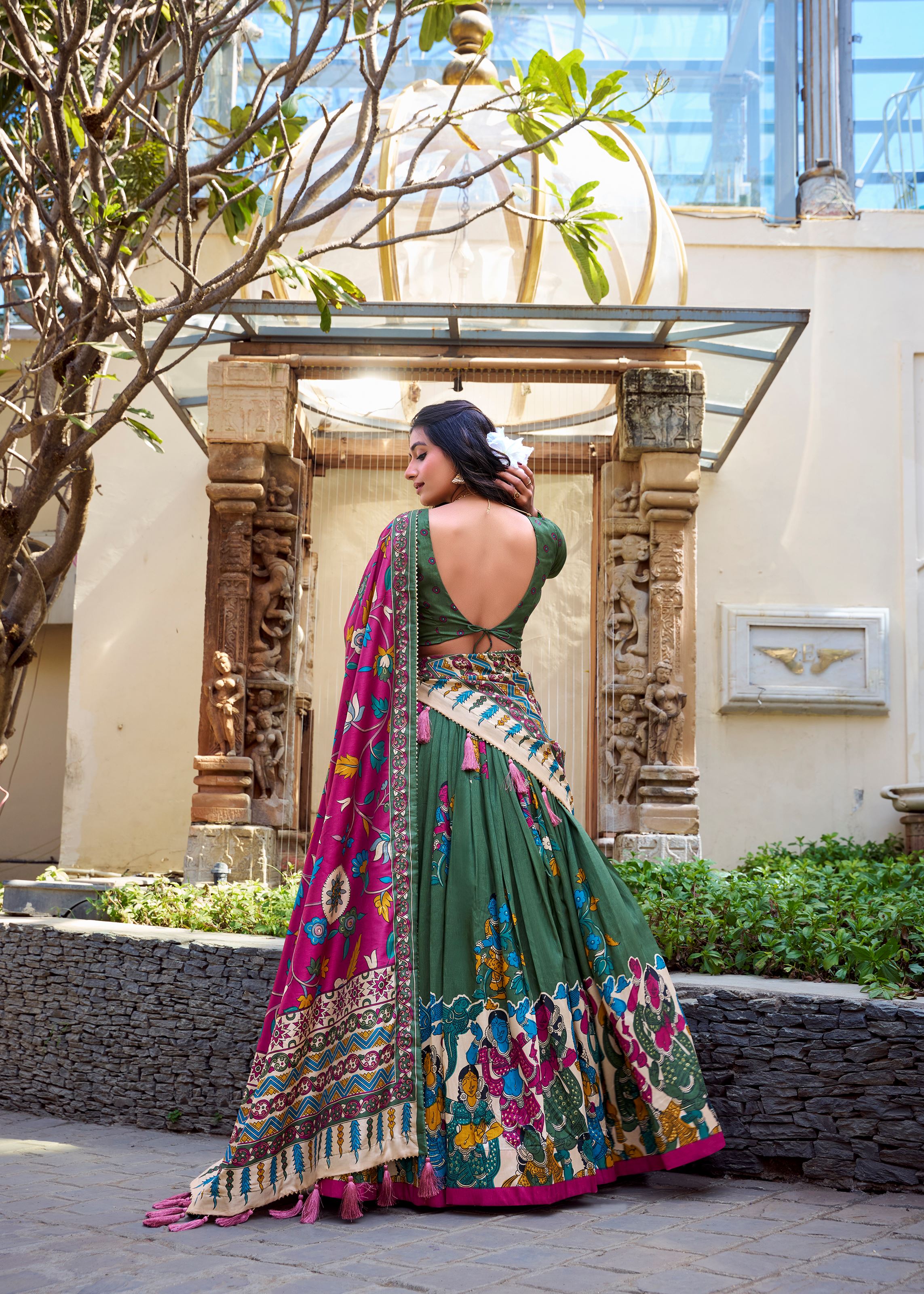Mehendi Elegance Tussar Silk Lehenga with Kalamkari Magic & Gota Patti Glam