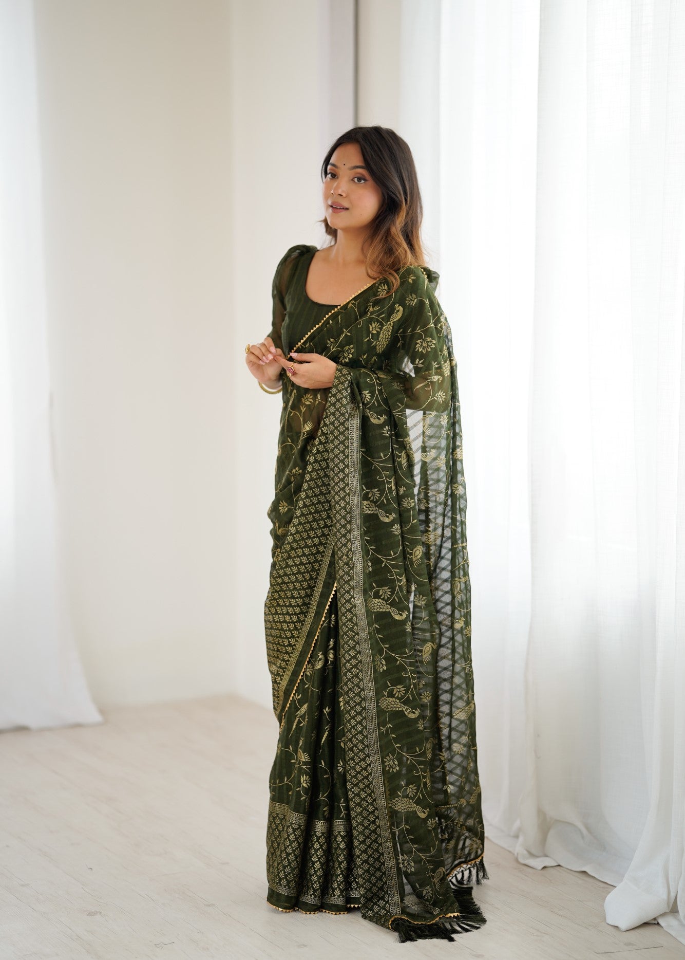 Mehendi Georgette Patta Saree With Foil Work And Lace Border