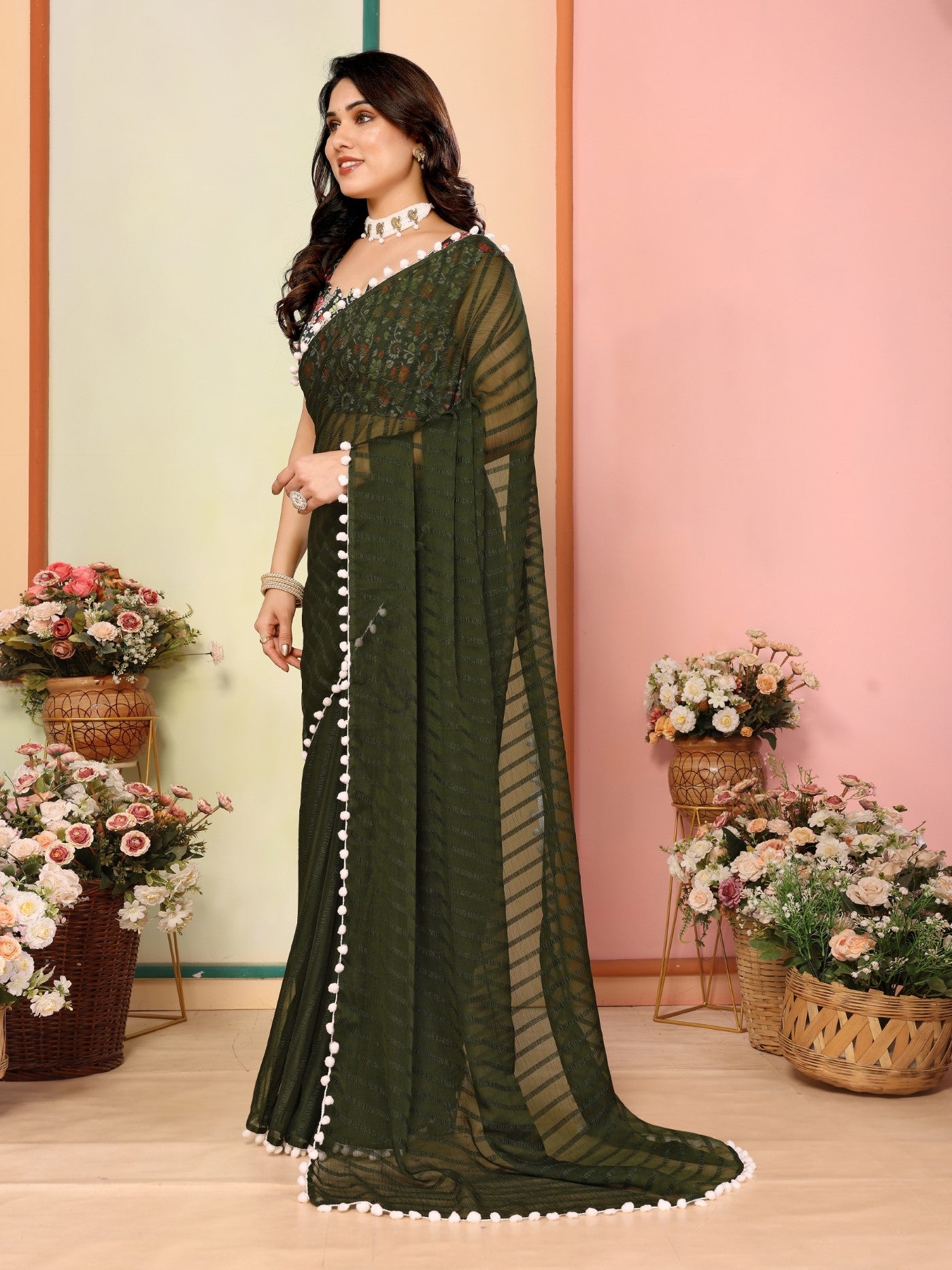 Mehendi Georgette Patta Saree With Plain Saree With Digital Print Blouse
