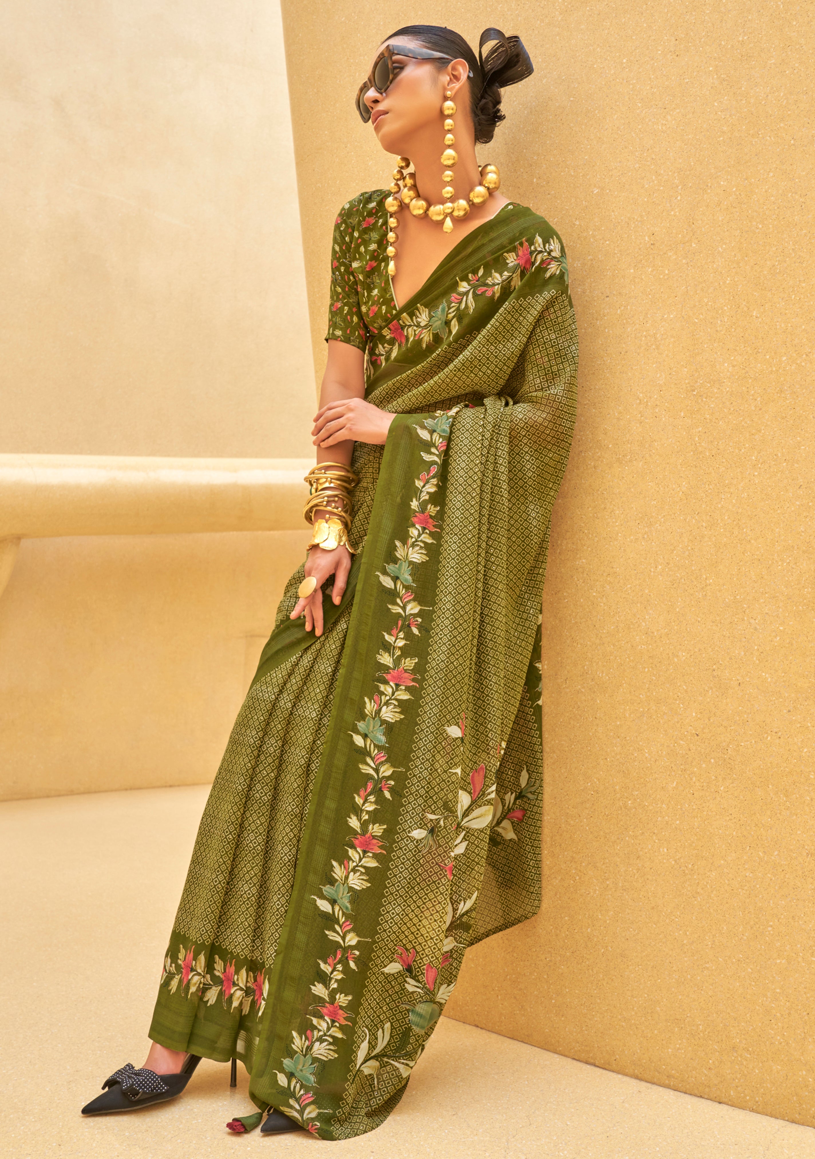 Mehendi Georgette Printed Saree
