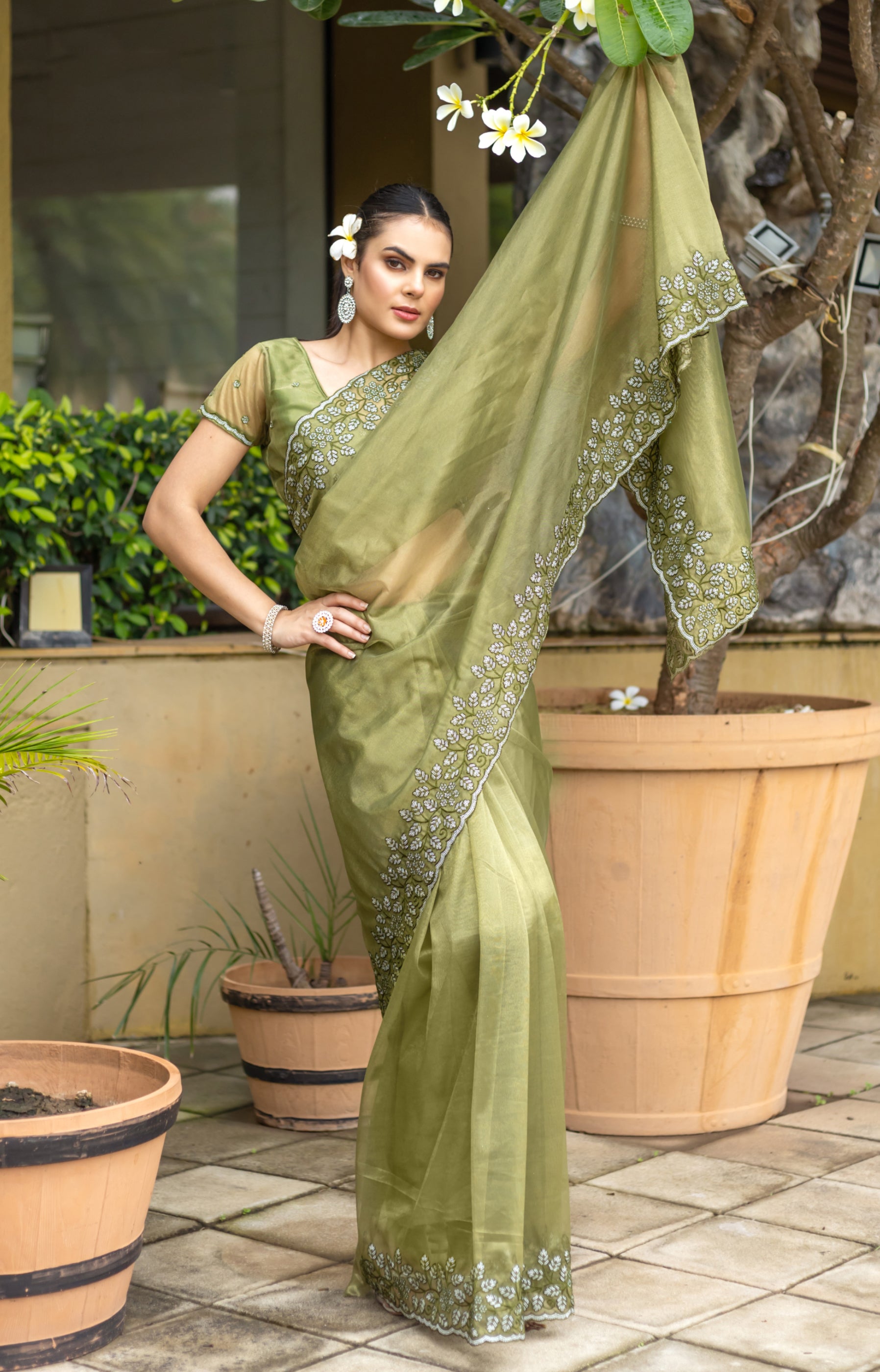 Mehendi Gold-Infused Twill Saree with Zari Sequins Embroidery