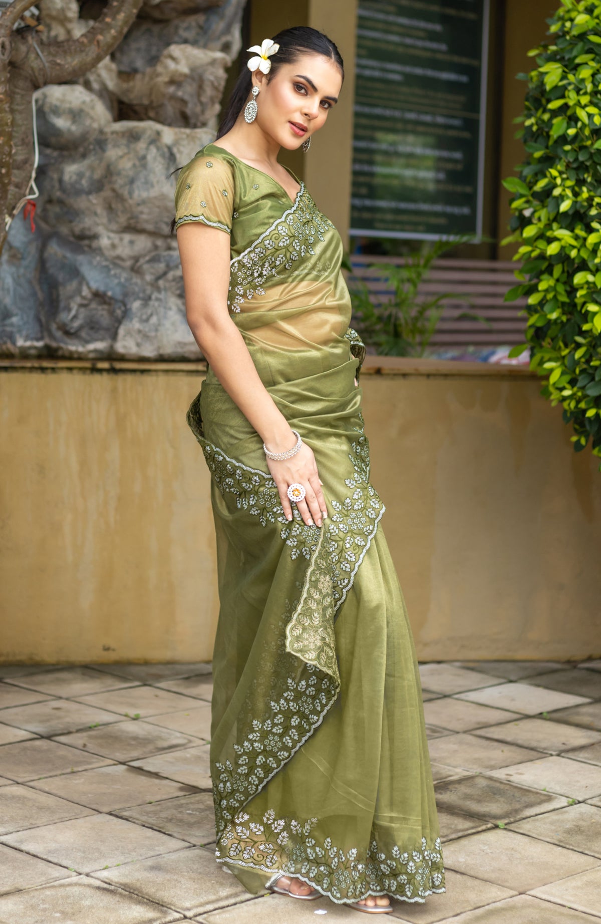 Mehendi Gold-Infused Twill Saree with Zari Sequins Embroidery
