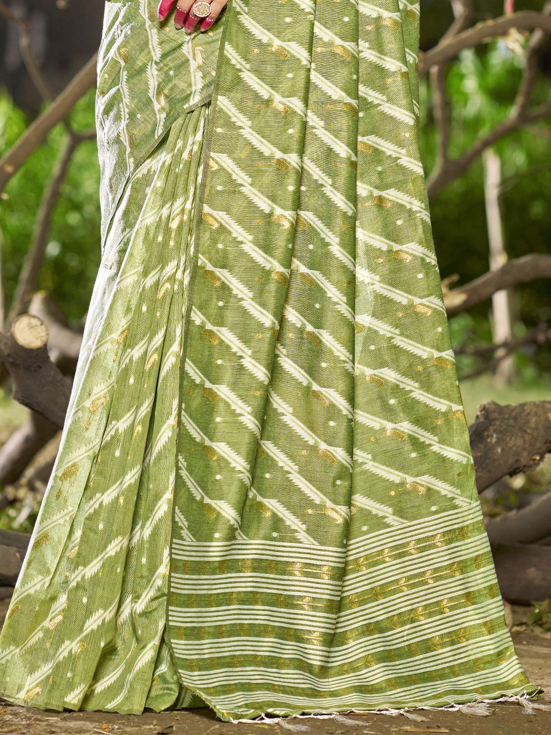 Mehendi Green Color Leheriya Print Linen Cotton Saree