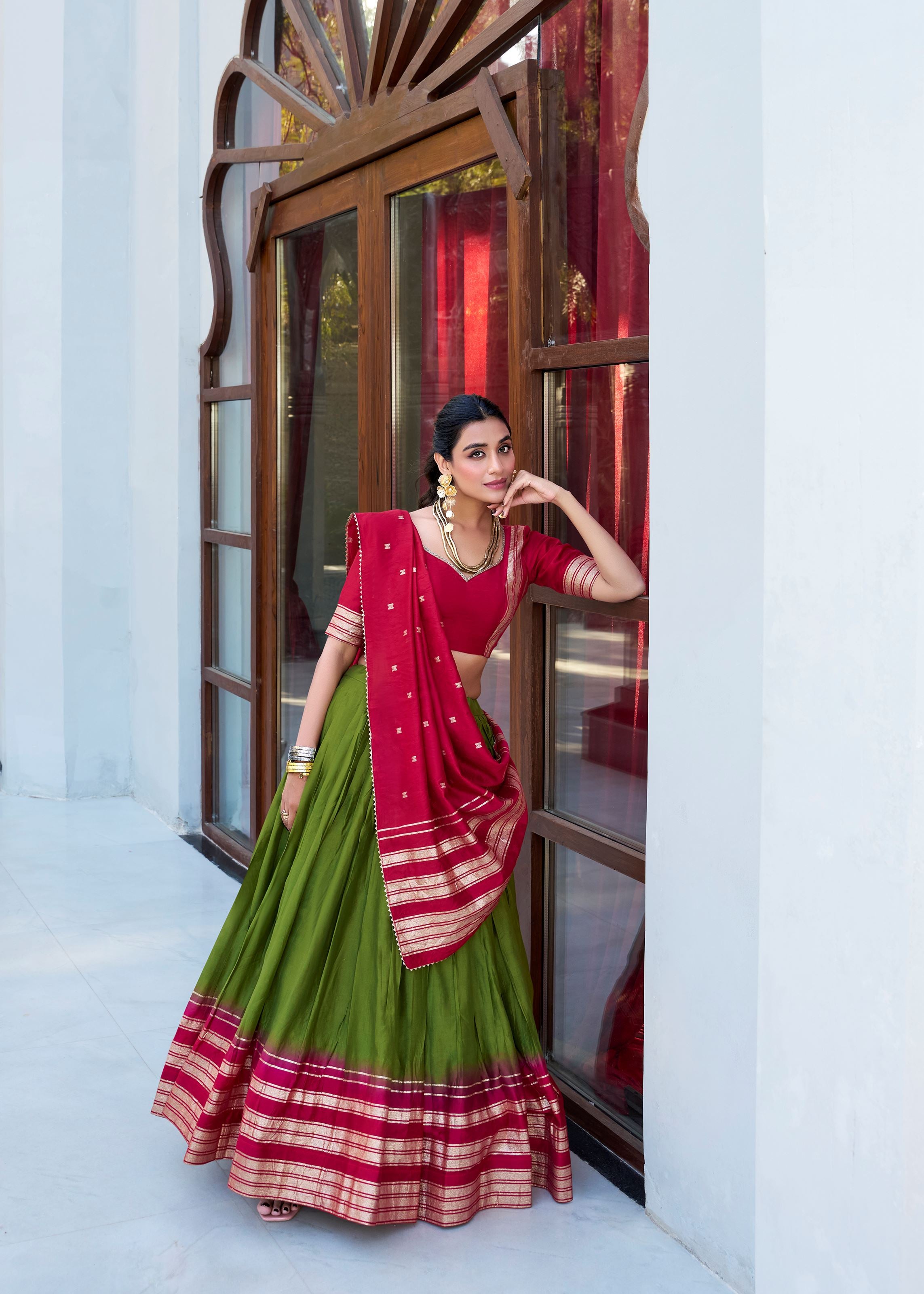 Mehendi Green Pure Chanderi Lehenga in Mehendi Green with Zari Charm
