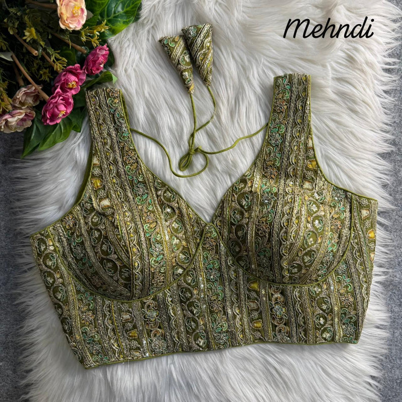 Mehendi Green Royal Couture Heavy Neck Position Work Blouse  Pure Crepe Embroidered & Sequined Partywear