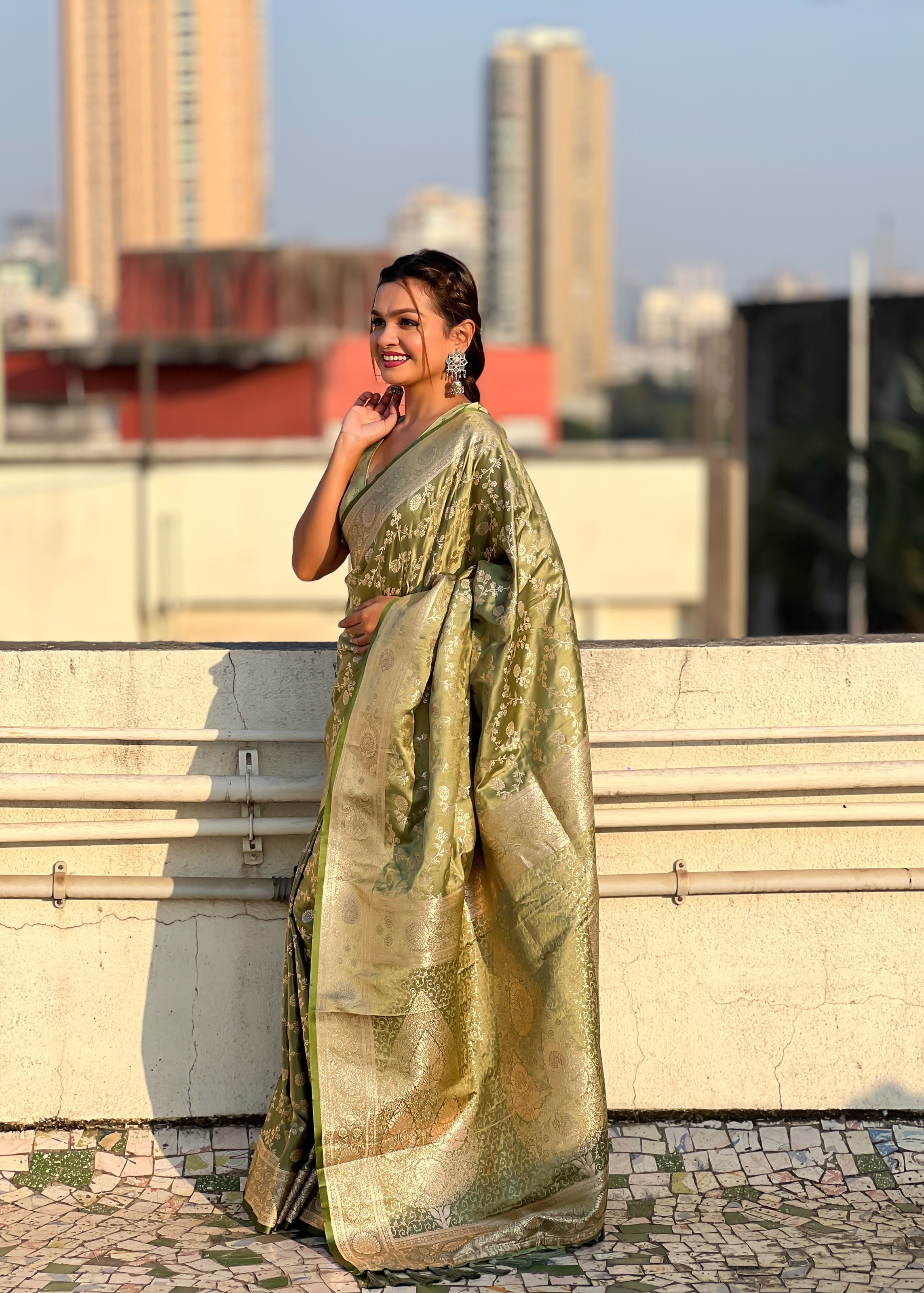 Mehendi Green Satin Saree With Zari and Woven Work