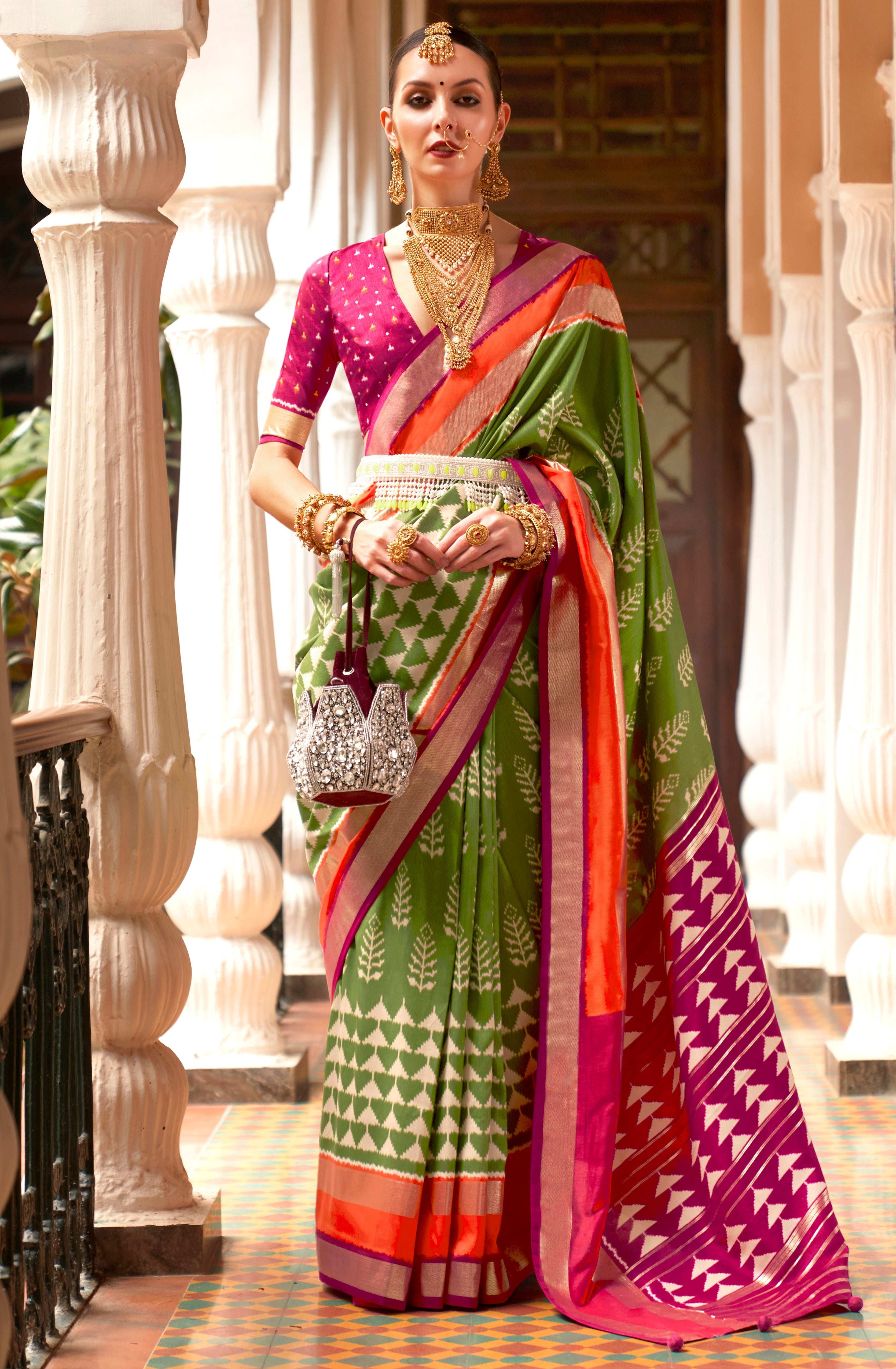 Mehendi Patola Silk Saree with  Printed