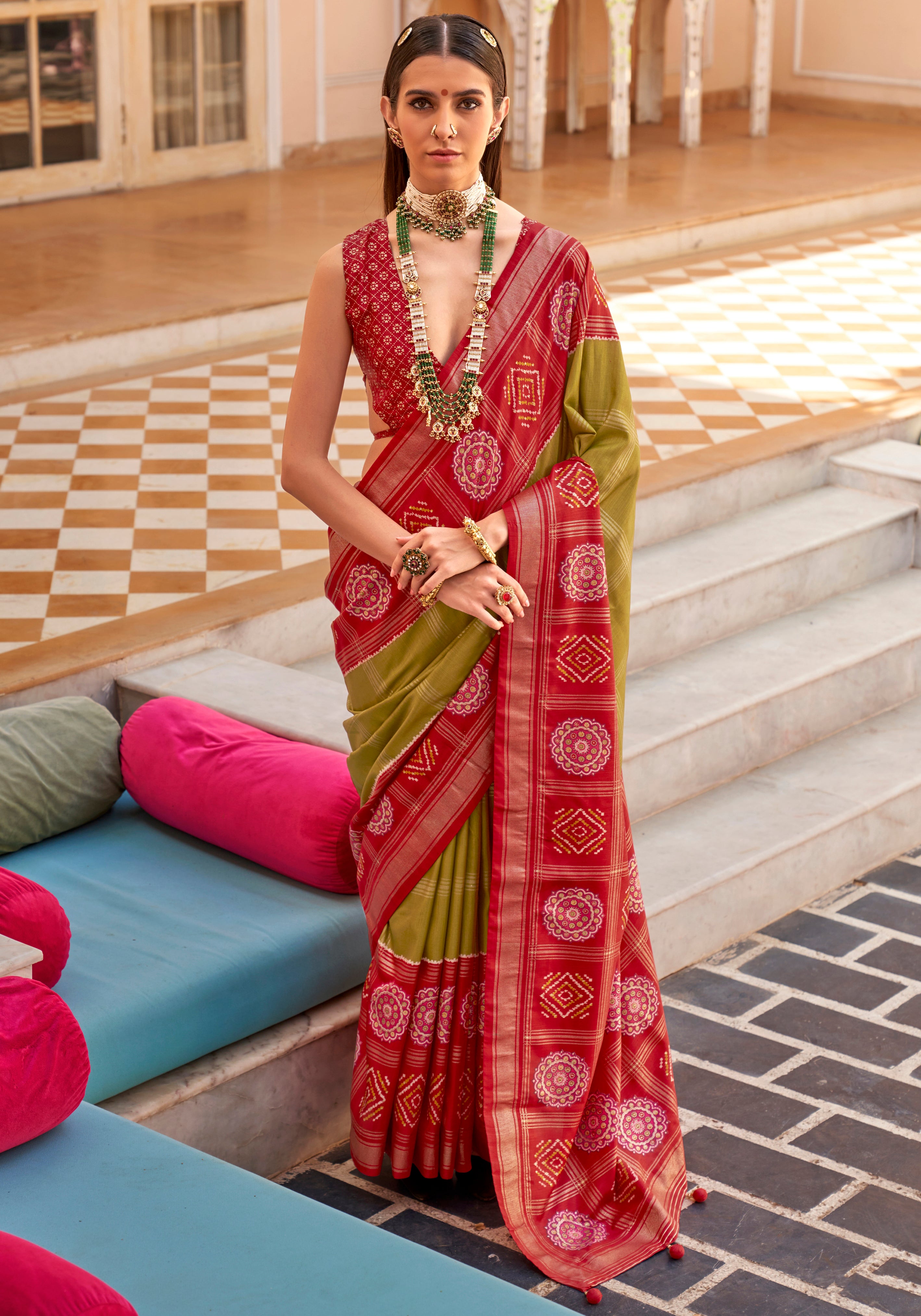 Mehendi Printed Saree With Jacquared Woven Work