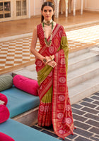 Mehendi Printed Saree With Jacquared Woven Work