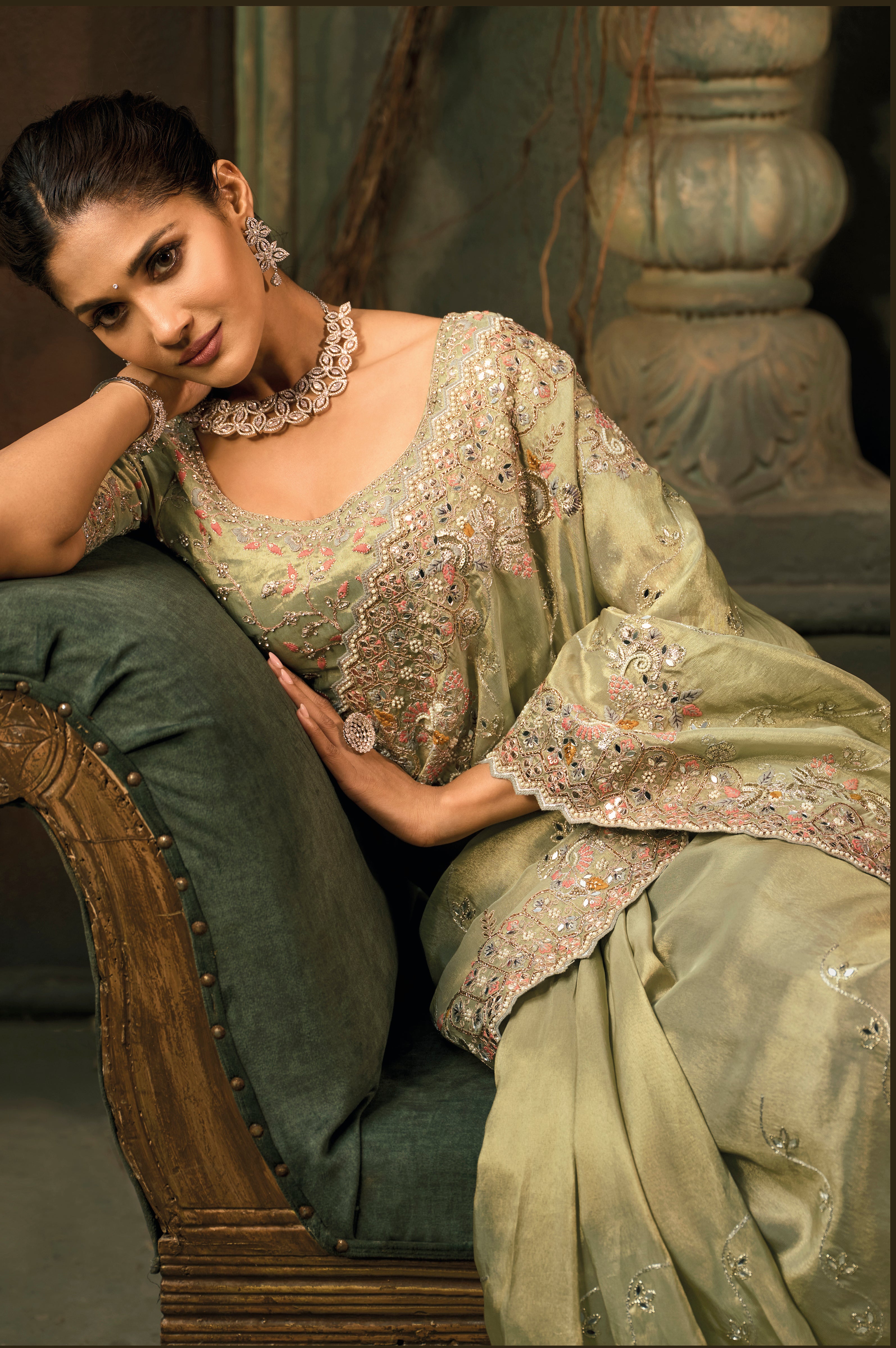 Mehendi Saree With  Cut-Dana, Moti With Mirror Heavy Work