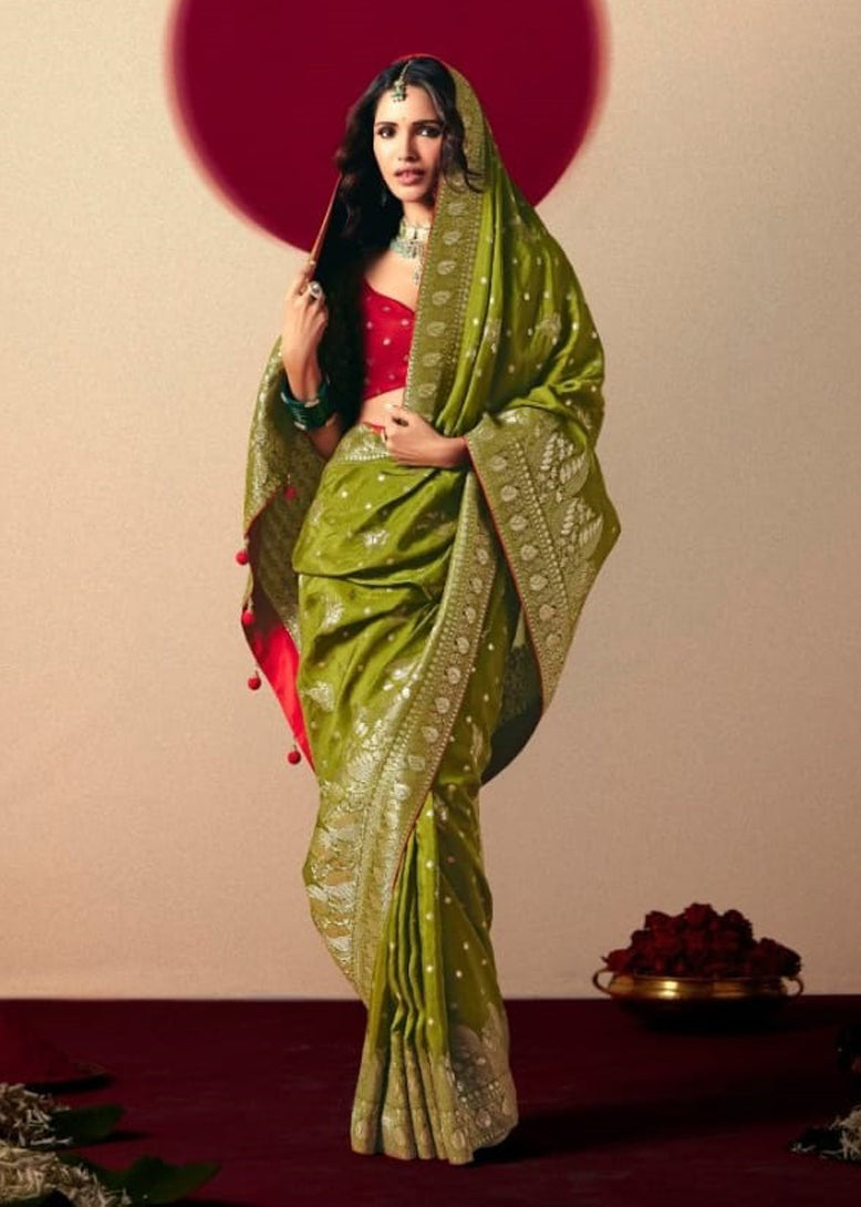 Mehendi Saree With  Jacquard Woven Work