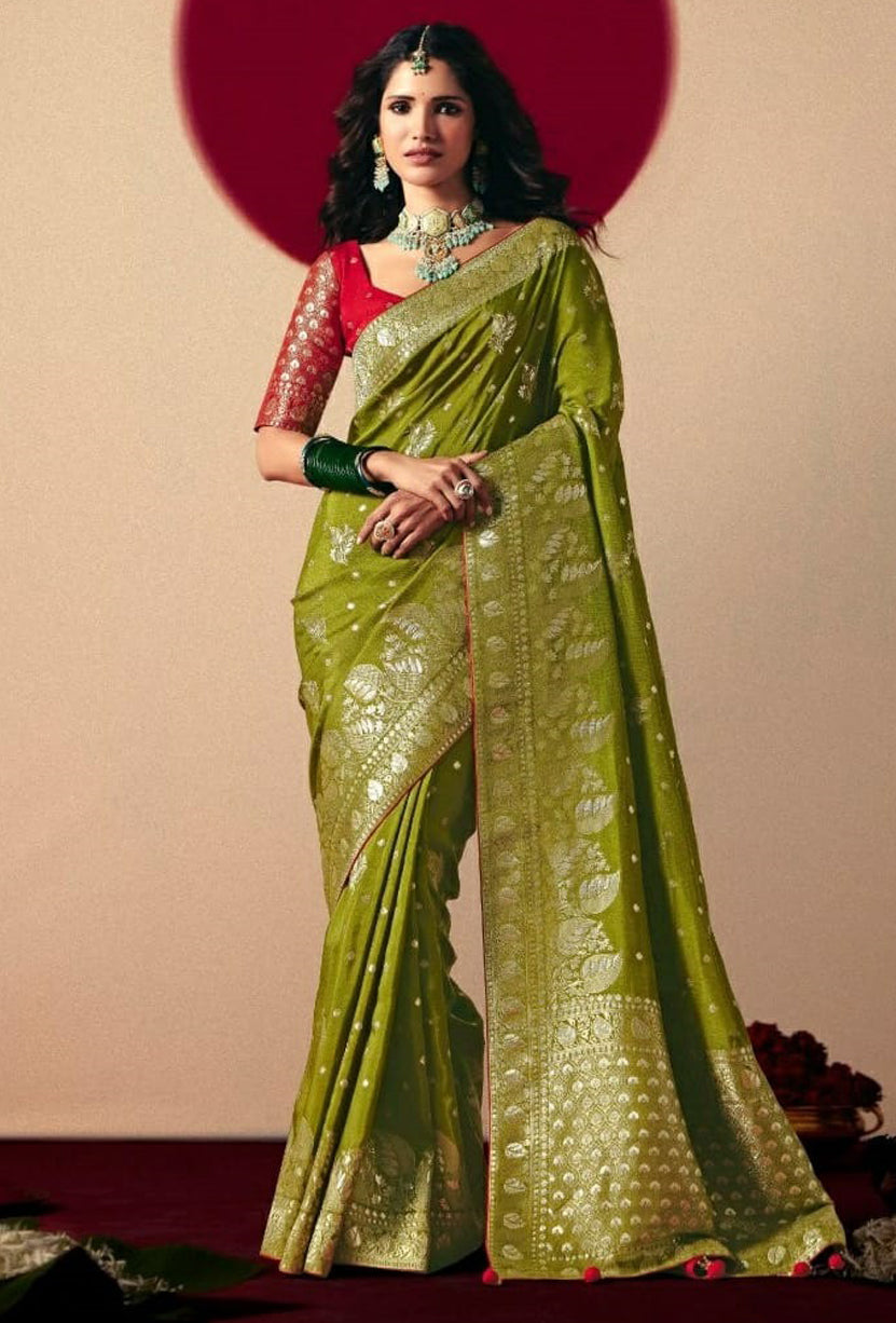 Mehendi Saree With  Jacquard Woven Work