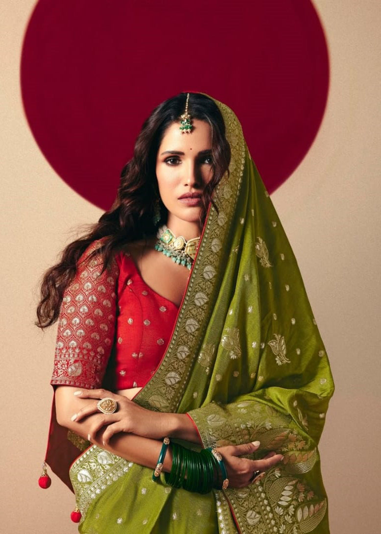 Mehendi Saree With  Jacquard Woven Work