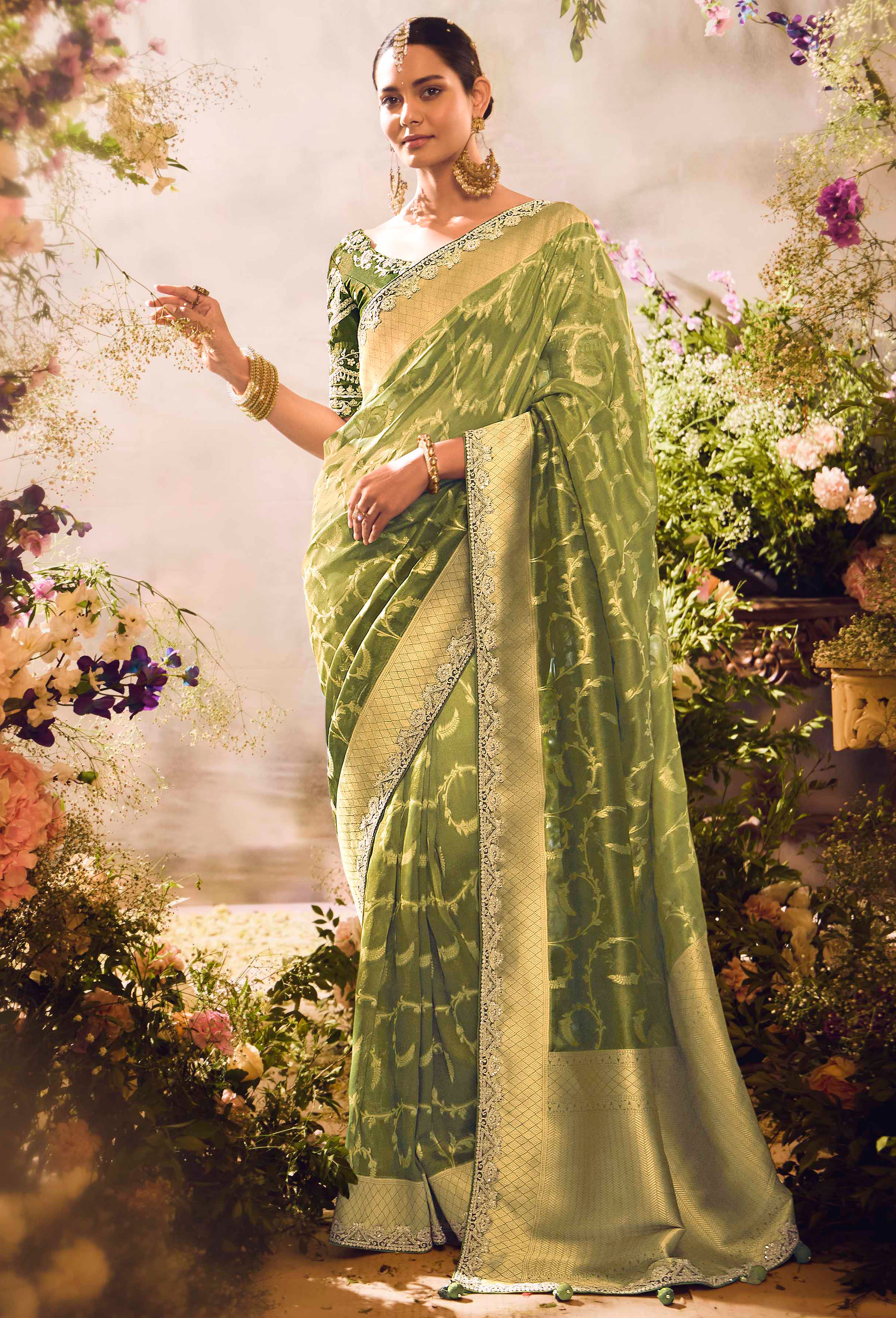Mehendi Saree With  Jacquard Woven Work with Embroidered Lace Border