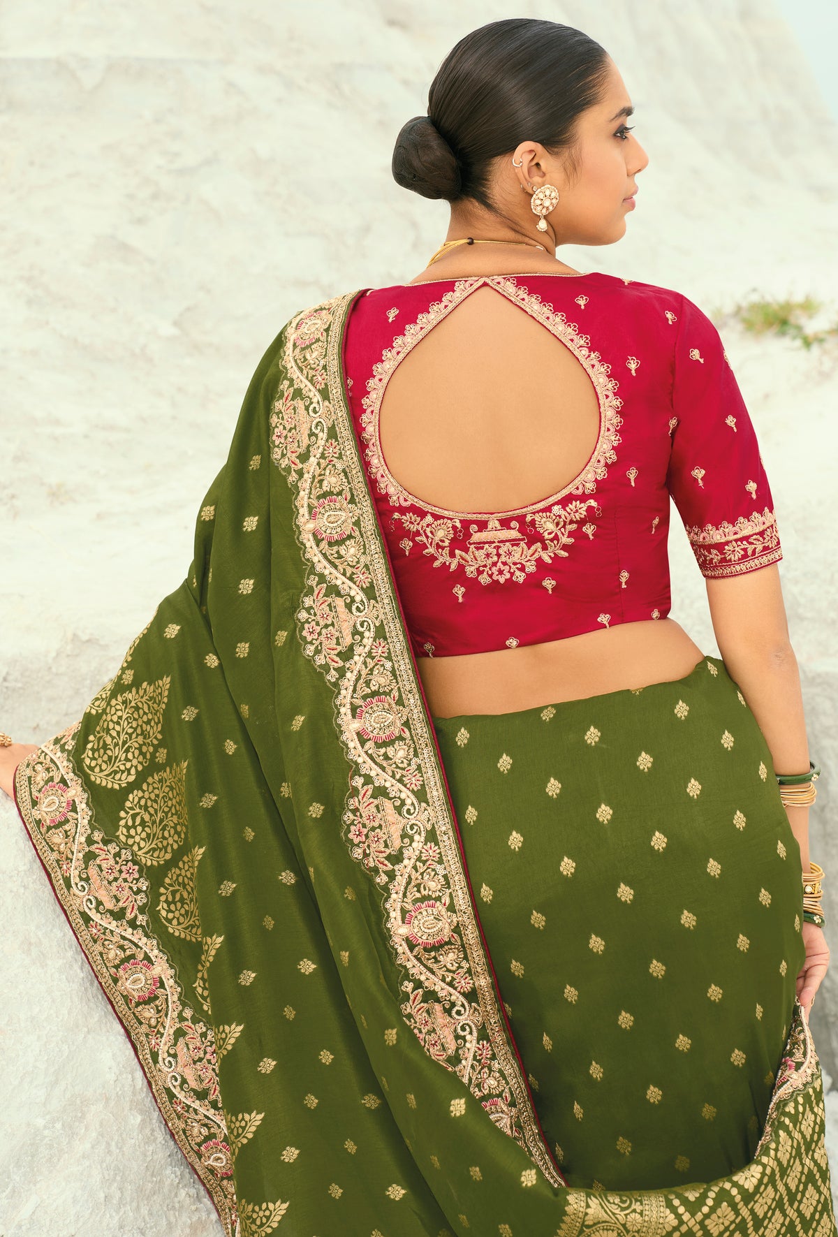Mehendi Saree With  Jari, Thread, Moti With Cut-Dana Heavy Work