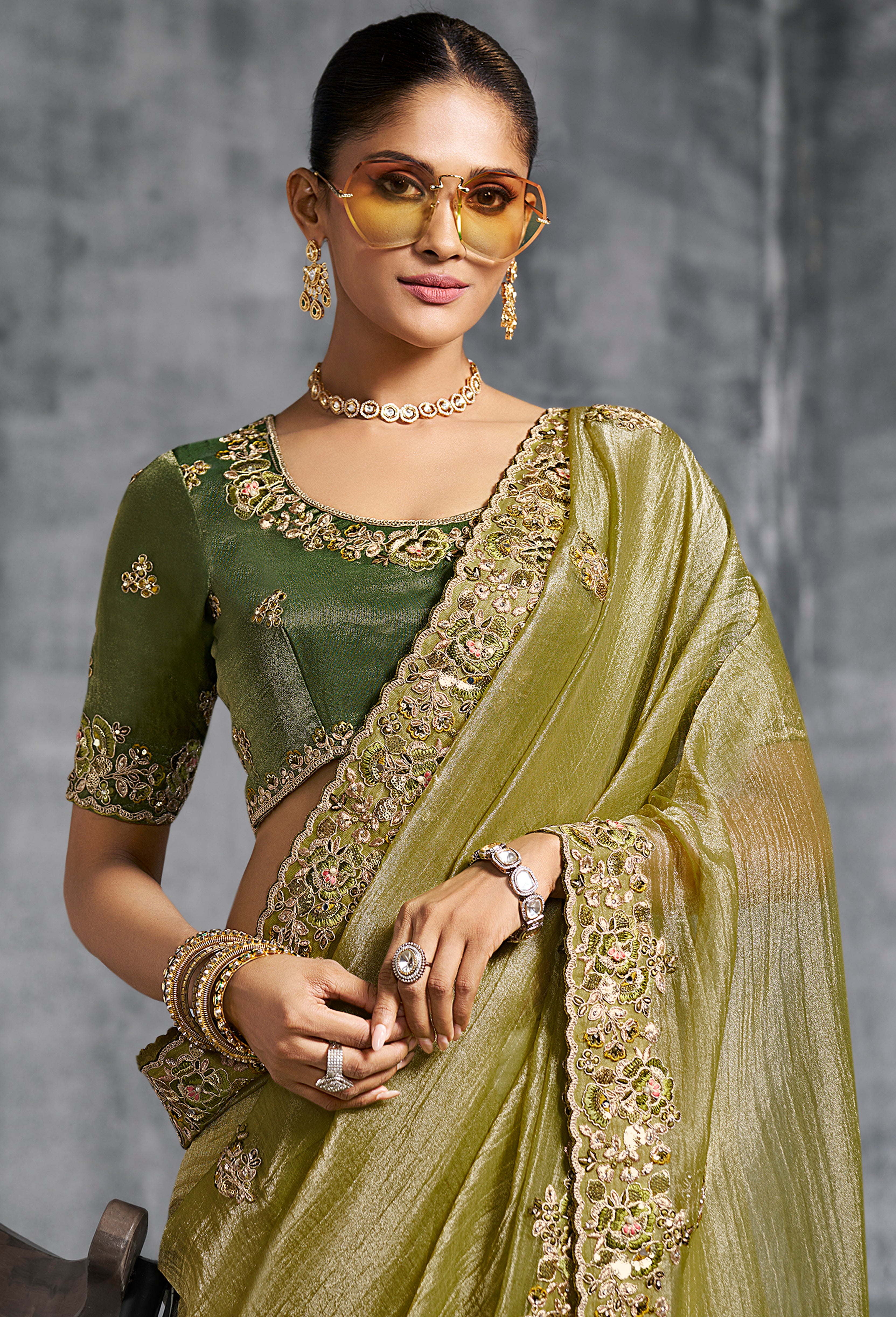 Mehendi Saree With  Thread Embroidery Work ,Hand-Finished Stone & Mirror work With Embroidery Blouse