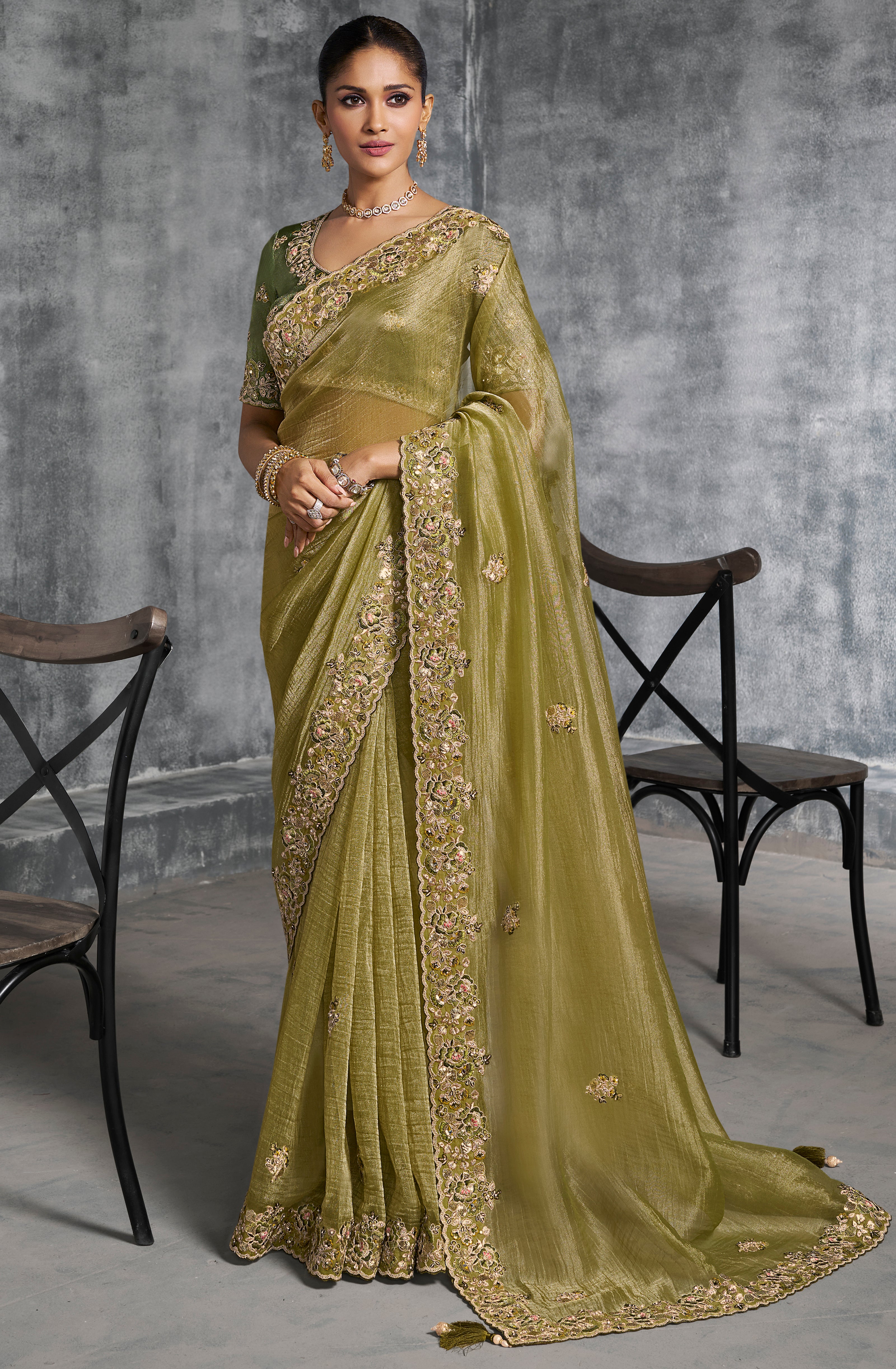 Mehendi Saree With  Thread Embroidery Work ,Hand-Finished Stone & Mirror work With Embroidery Blouse