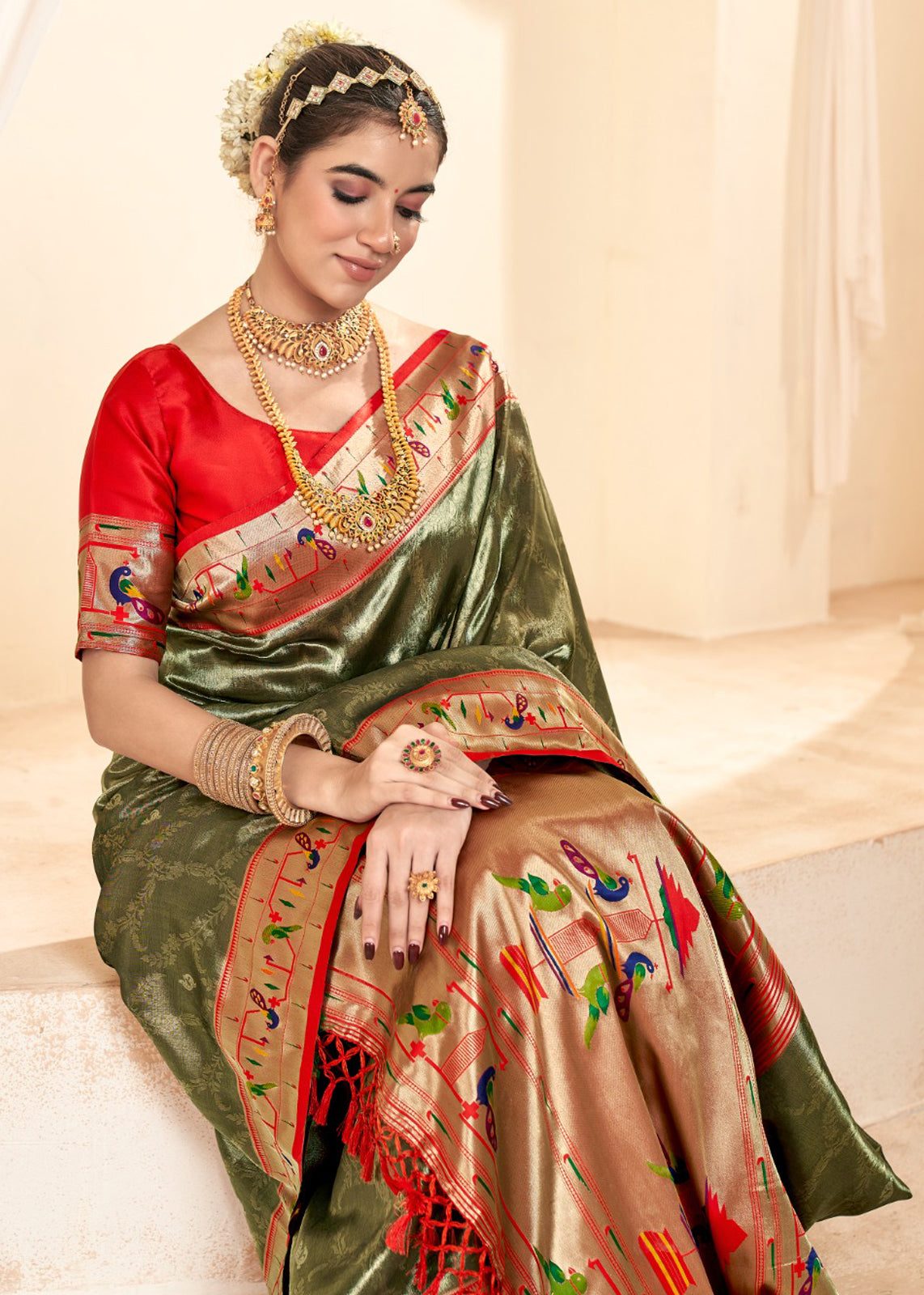 Mehendi Silk Saree With  Jacquard Woven Work