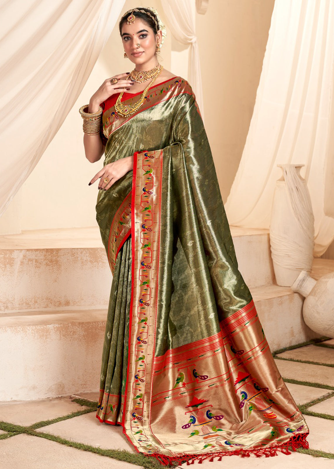 Mehendi Silk Saree With  Jacquard Woven Work