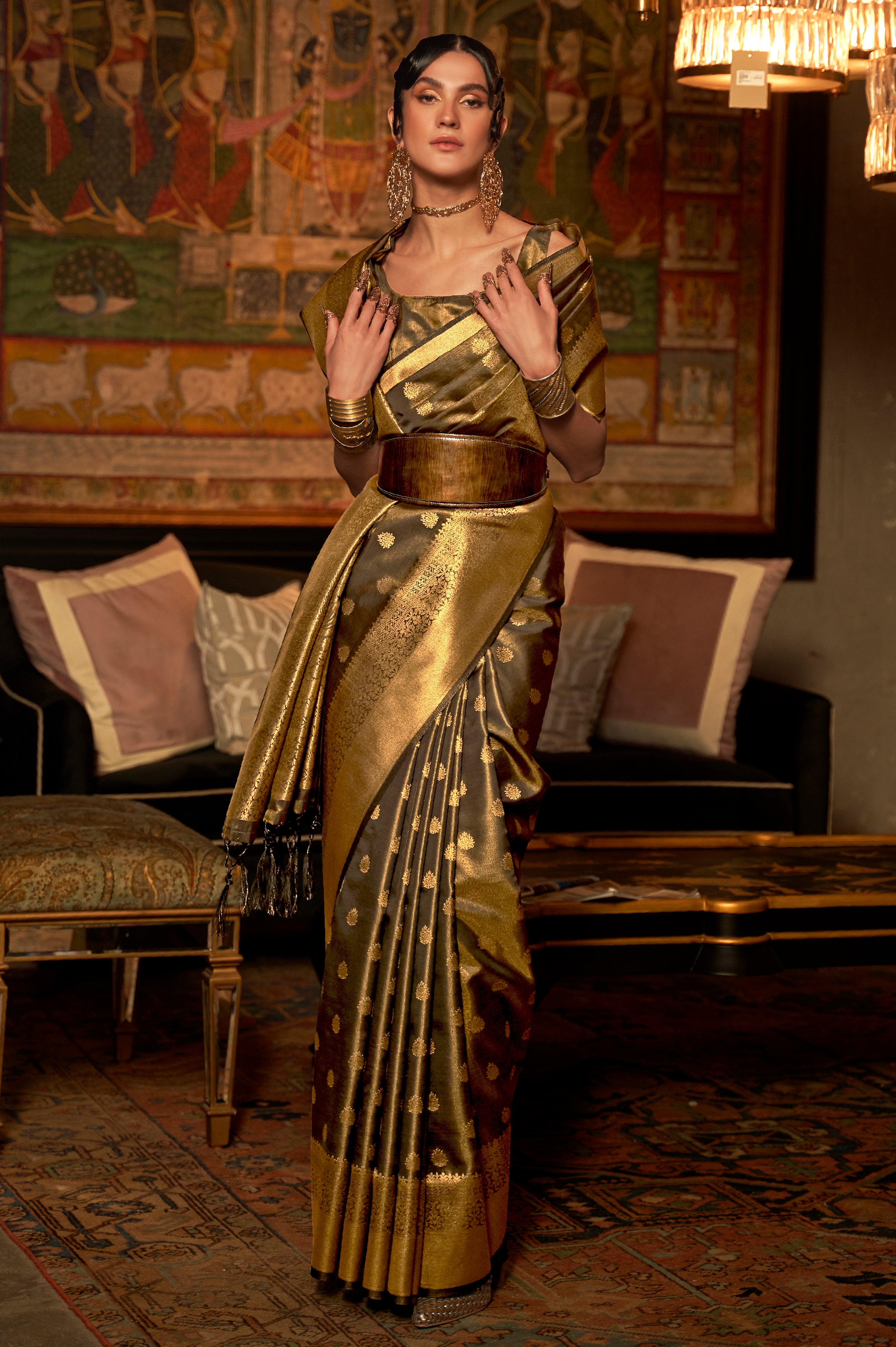 Mehendi Silk Saree with  Jacquard Woven Work