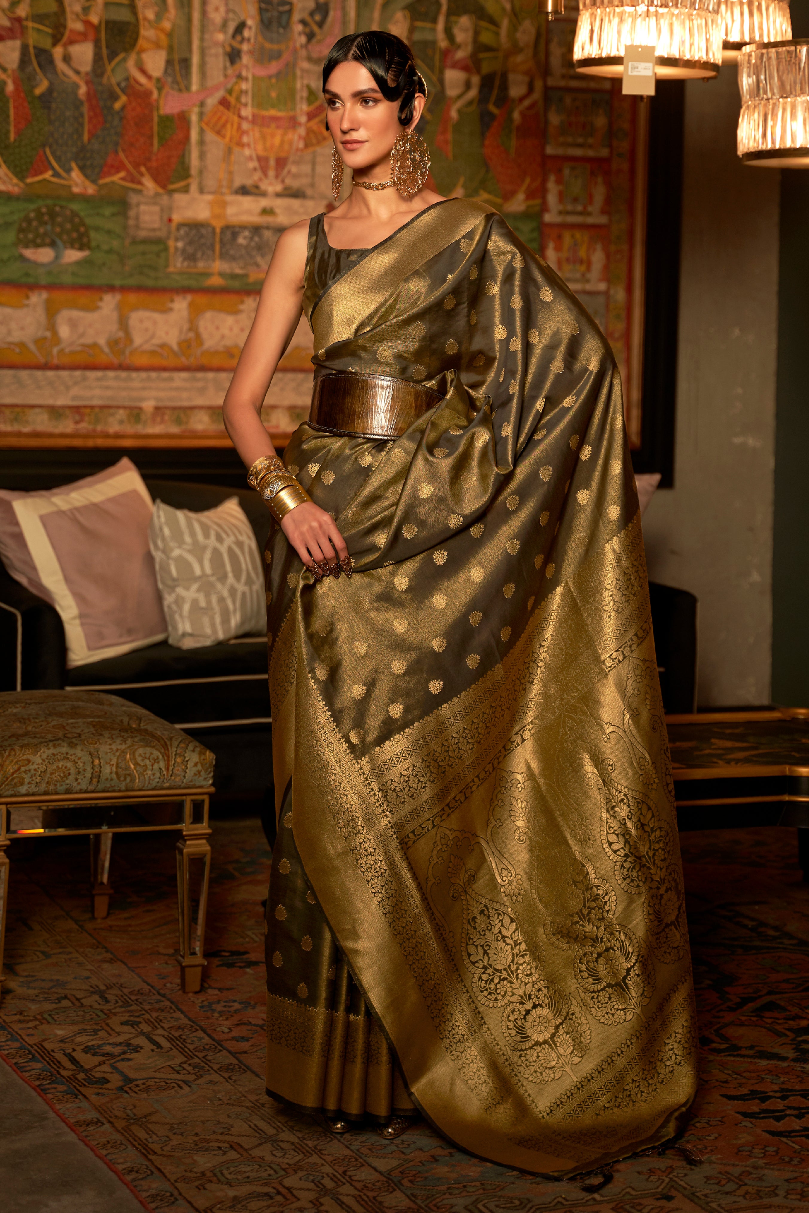 Mehendi Silk Saree with  Jacquard Woven Work