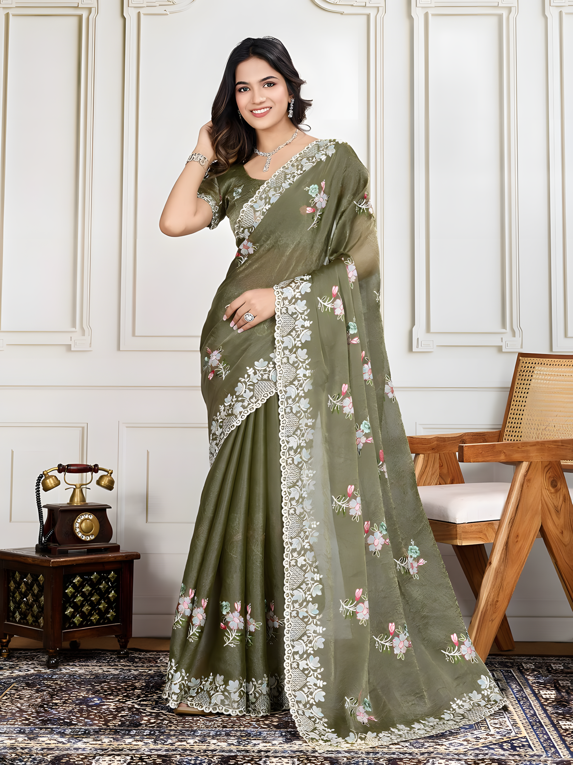 Mehendi Soft Crunchy silk Saree with Digital Print with  Thred Sequins Embroidery Work