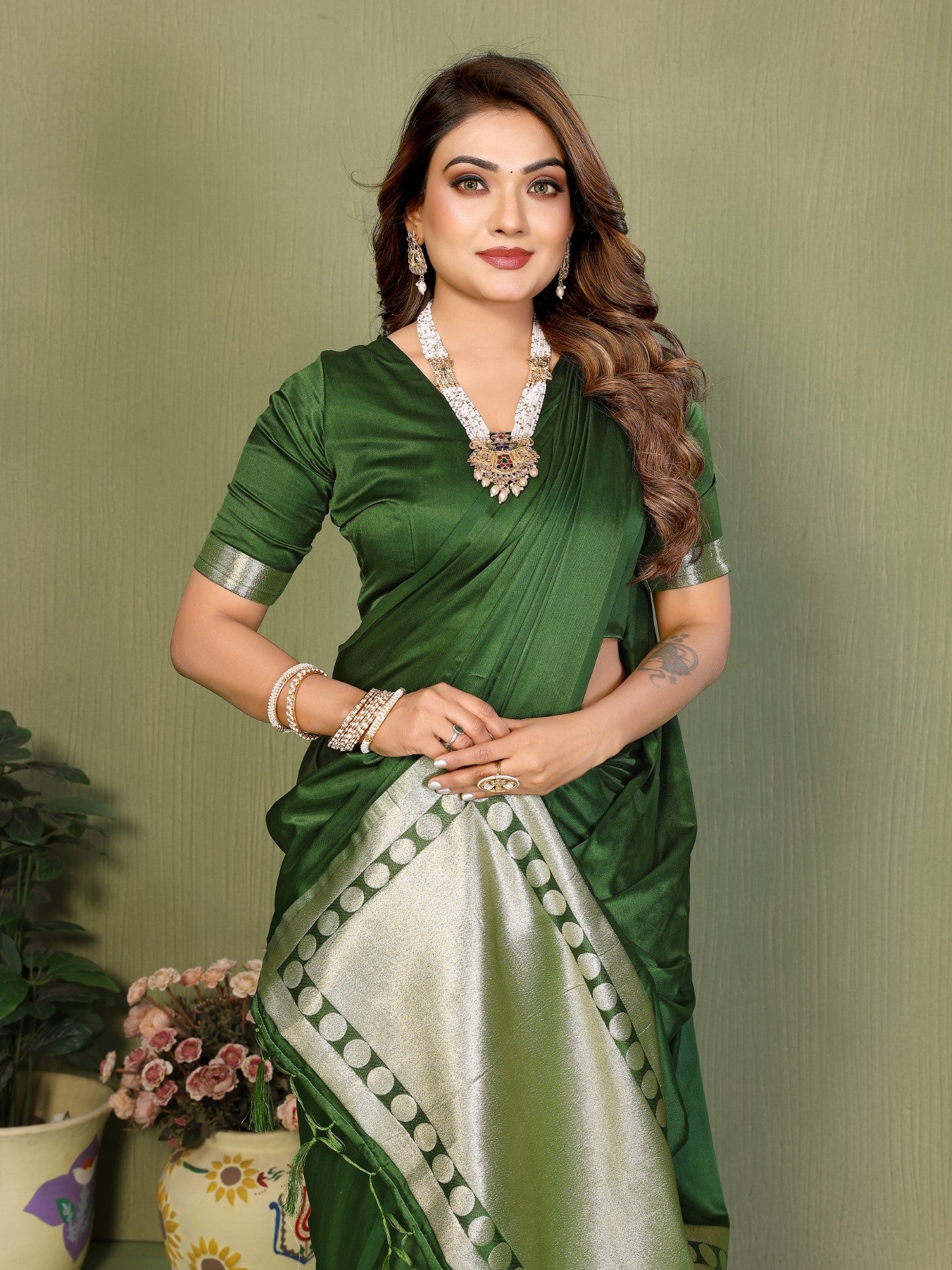 Mehendi Soft Satin Silk Saree With Designer Zari Weaving