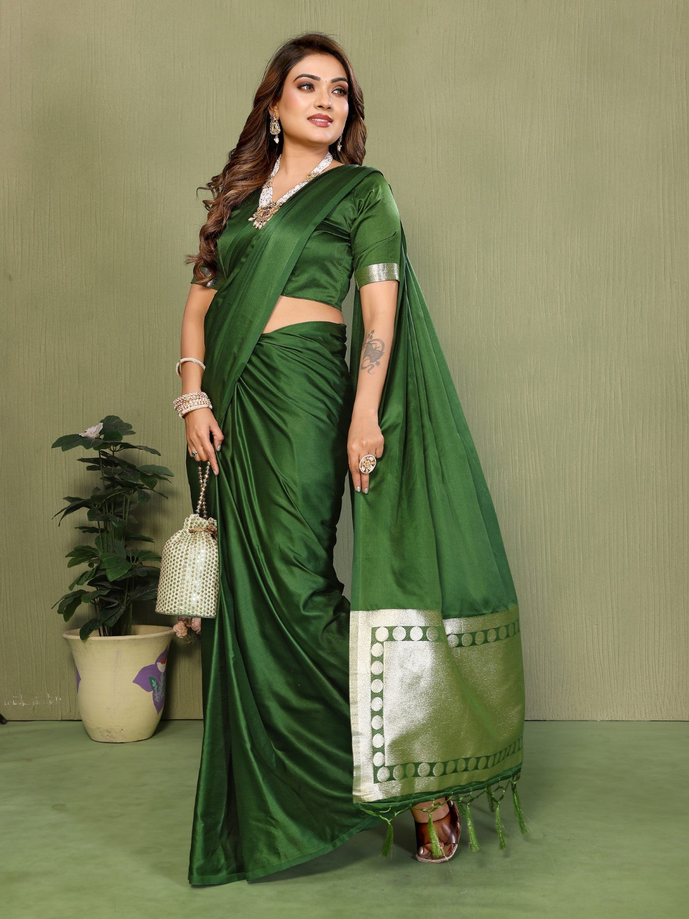Mehendi Soft Satin Silk Saree With Designer Zari Weaving