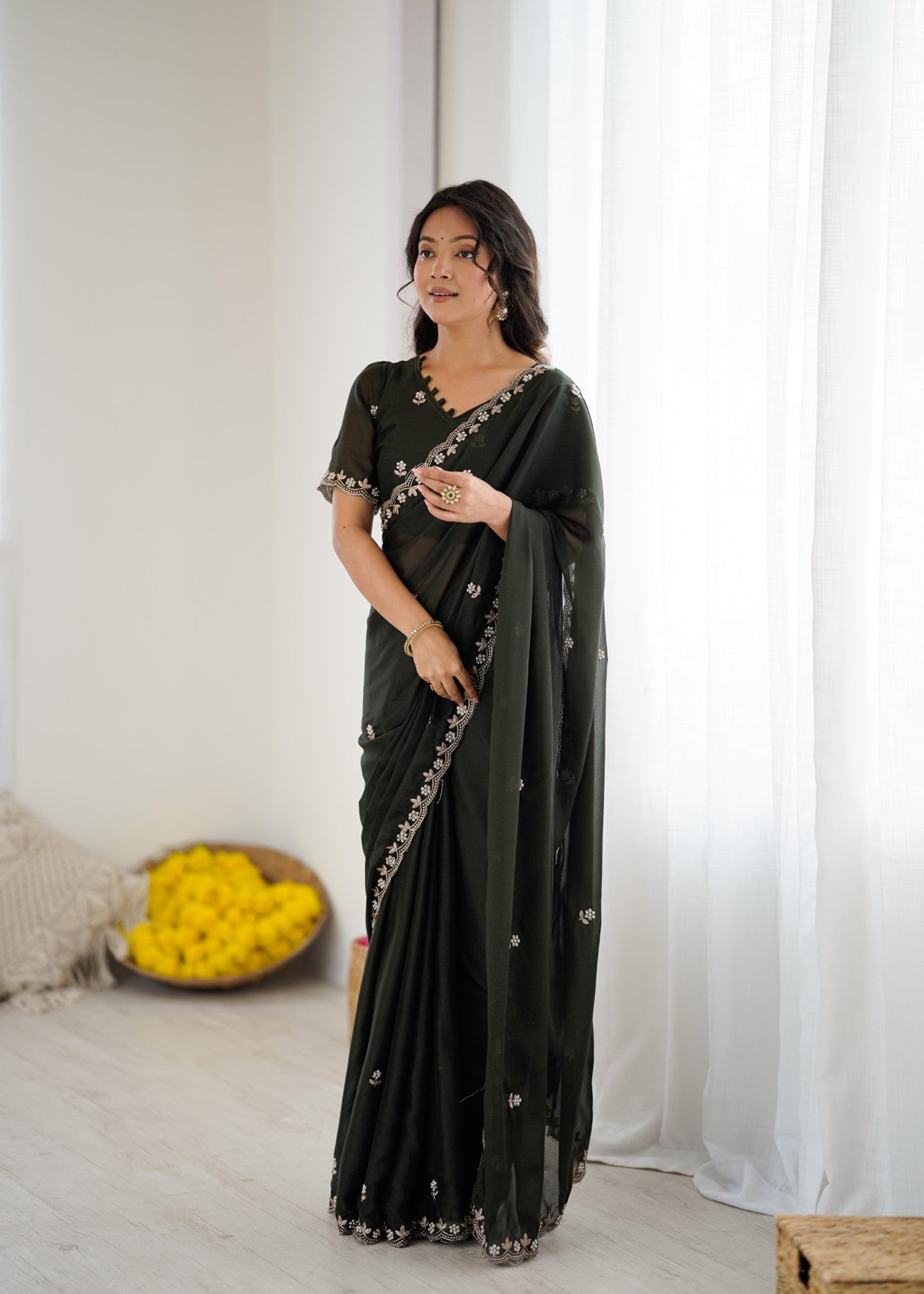 Mehendi Star Georgette Saree With Embroidery And Moti Work With Blouse