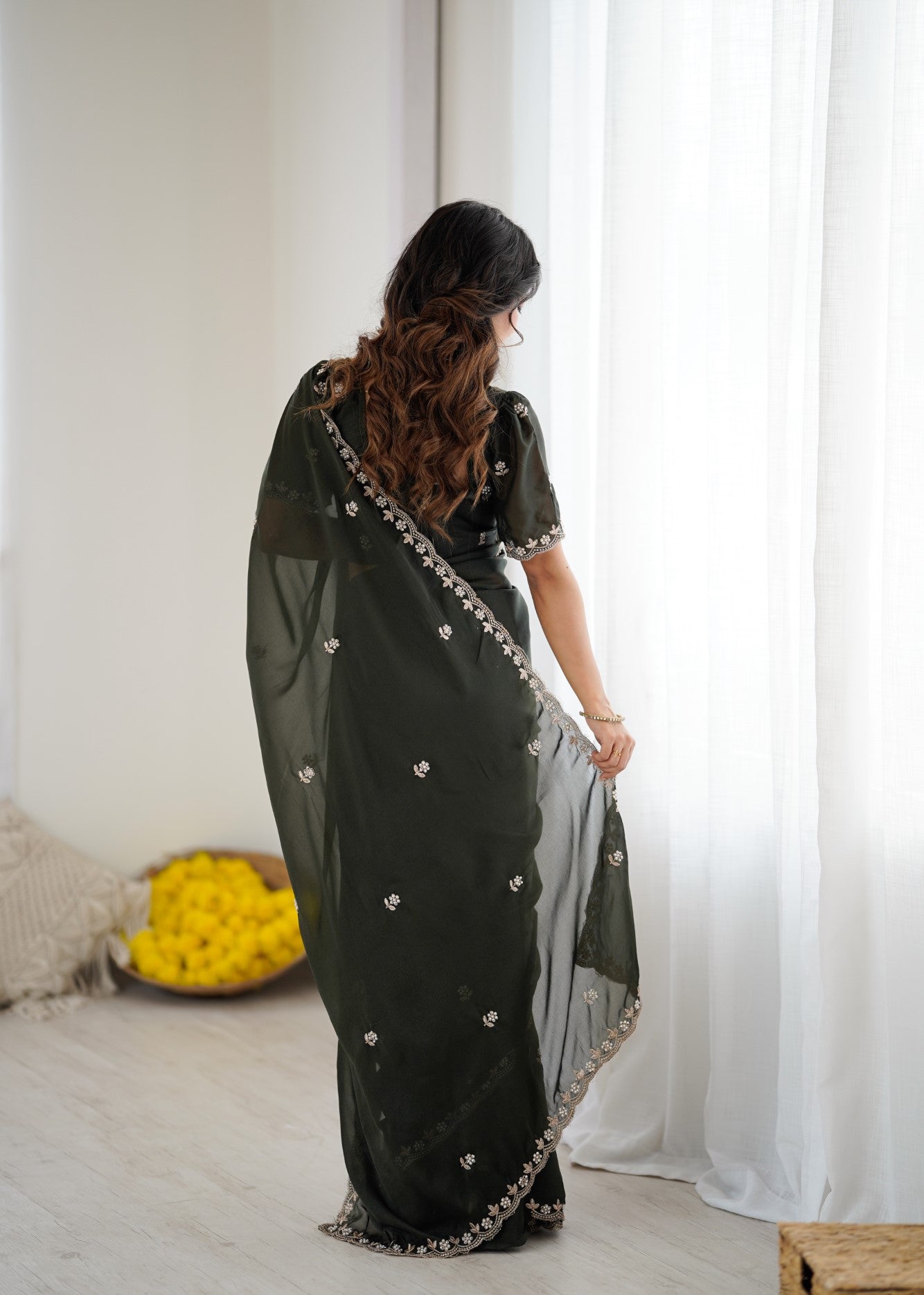 Mehendi Star Georgette Saree With Embroidery And Moti Work With Blouse