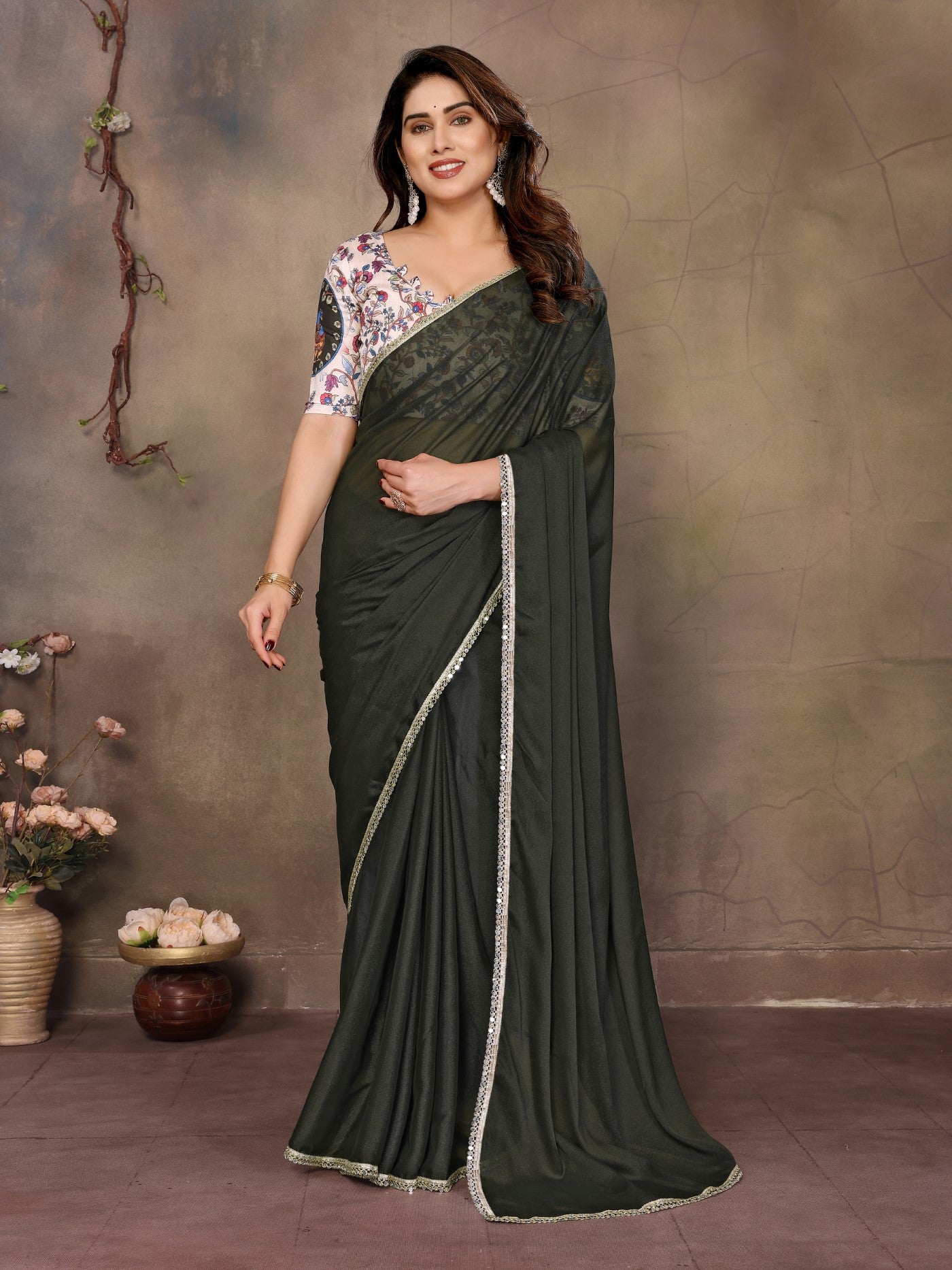 Mehendi Star Georgette Saree With Mirror Border Design