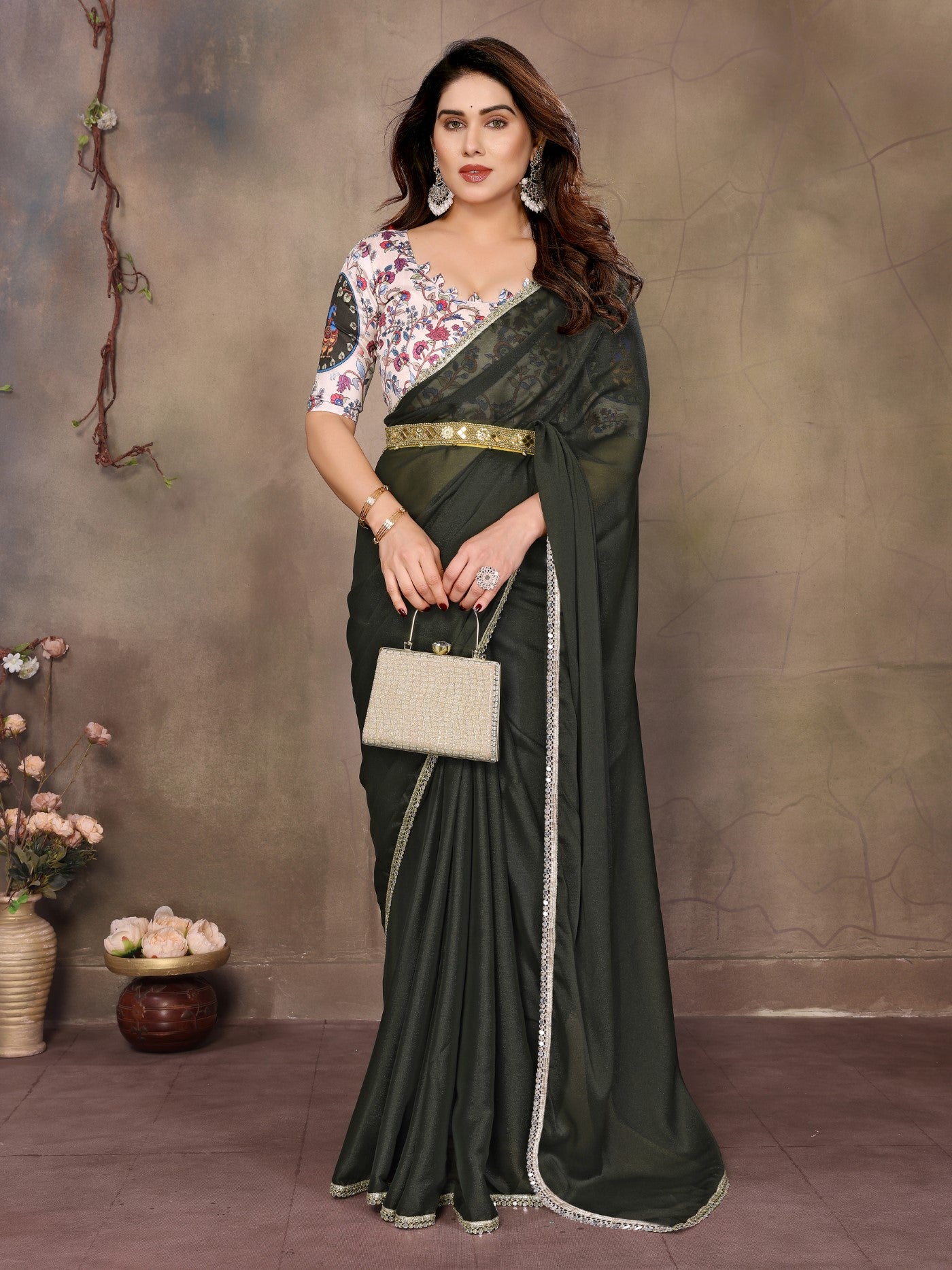 Mehendi Star Georgette Saree With Mirror Border Design