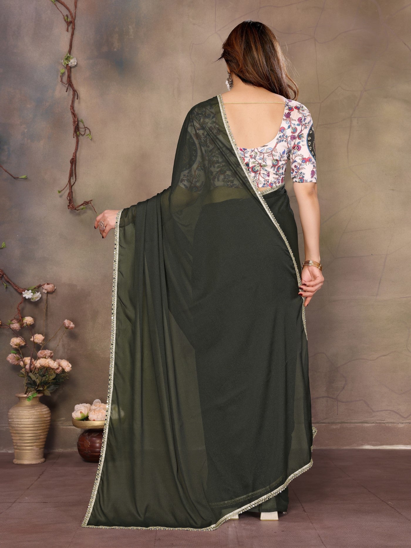 Mehendi Star Georgette Saree With Mirror Border Design