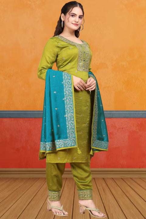 Mehendi Vichirta Silk Kurta Pant With Thread Embroidery Work