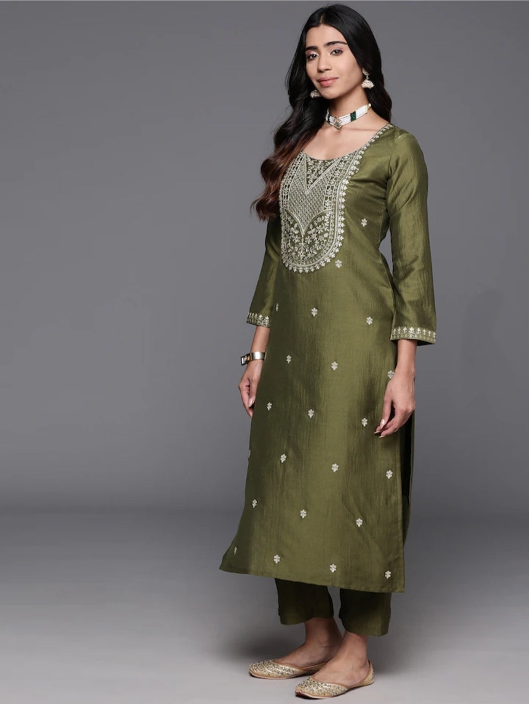 Mehendi Viscose Chanderi Kurta Pant Set with Heavy Thread Embroidery Work