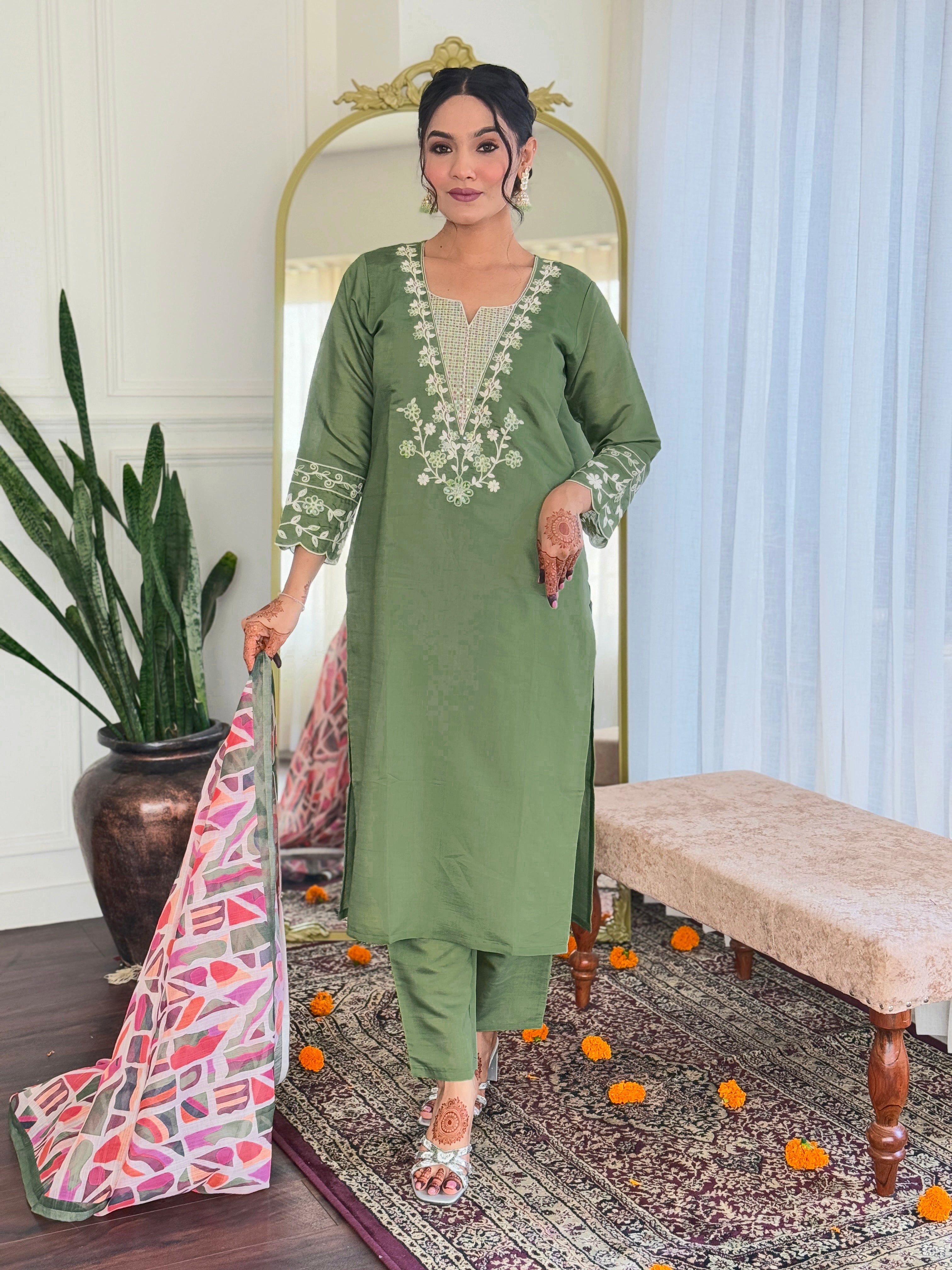 Mehendi Viscose Chanderi Kurta Pant With Embroidery Work And Printed Dupatta