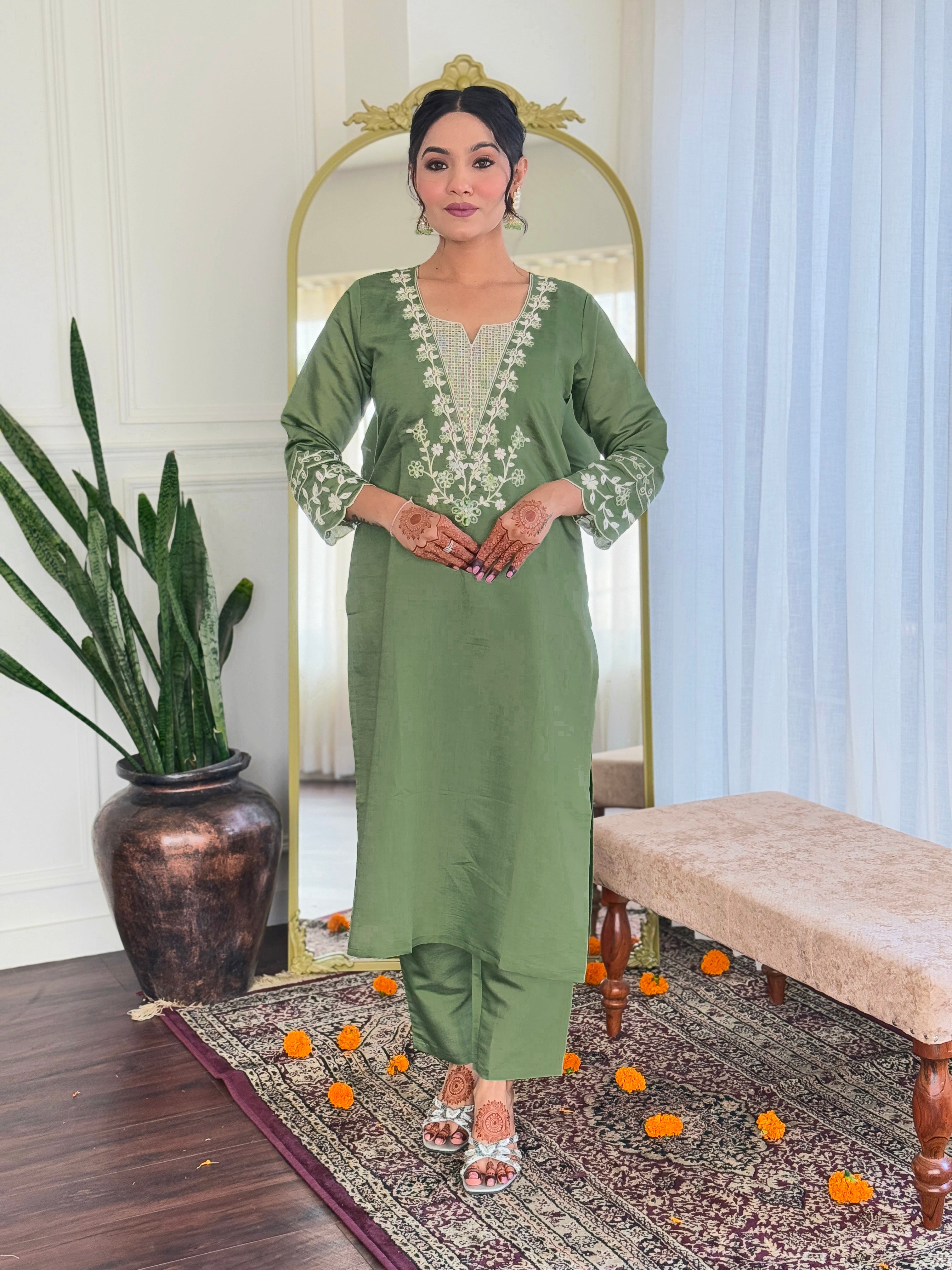 Mehendi Viscose Chanderi Kurta Pant With Embroidery Work And Printed Dupatta