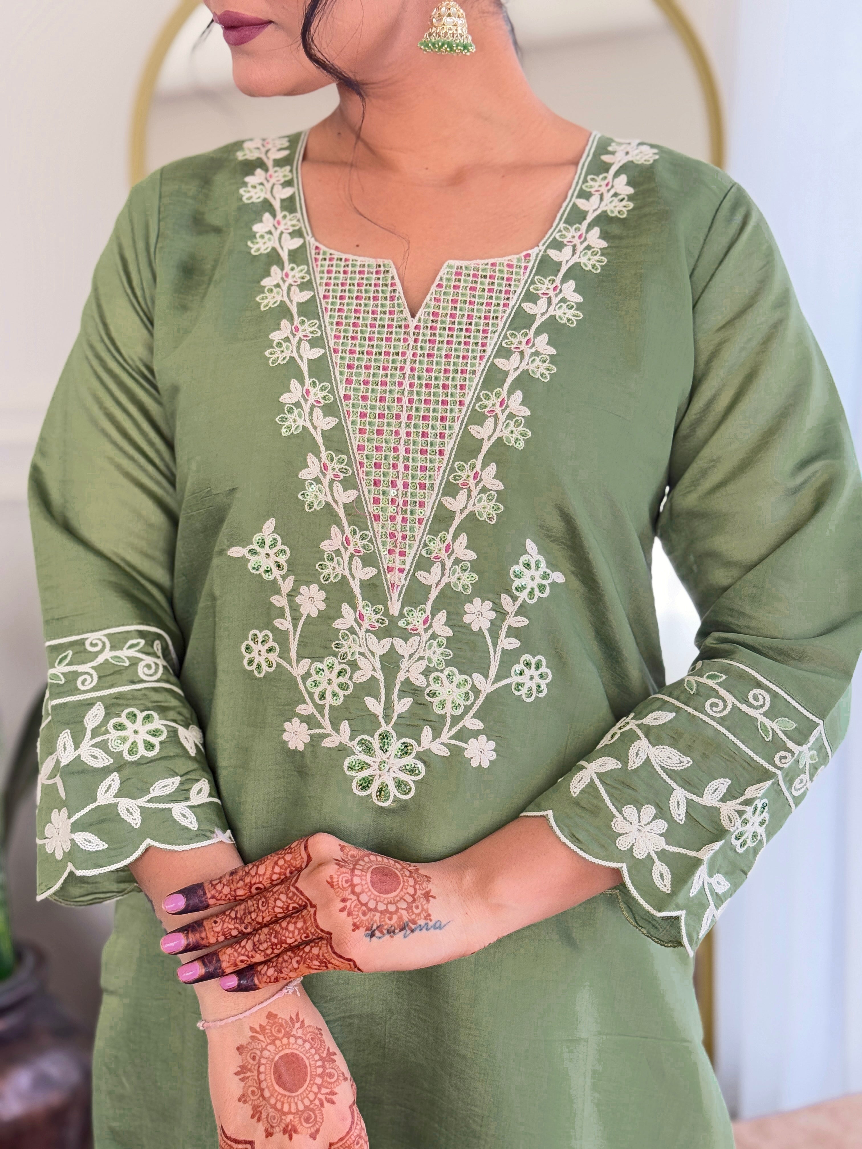 Mehendi Viscose Chanderi Kurta Pant With Embroidery Work And Printed Dupatta
