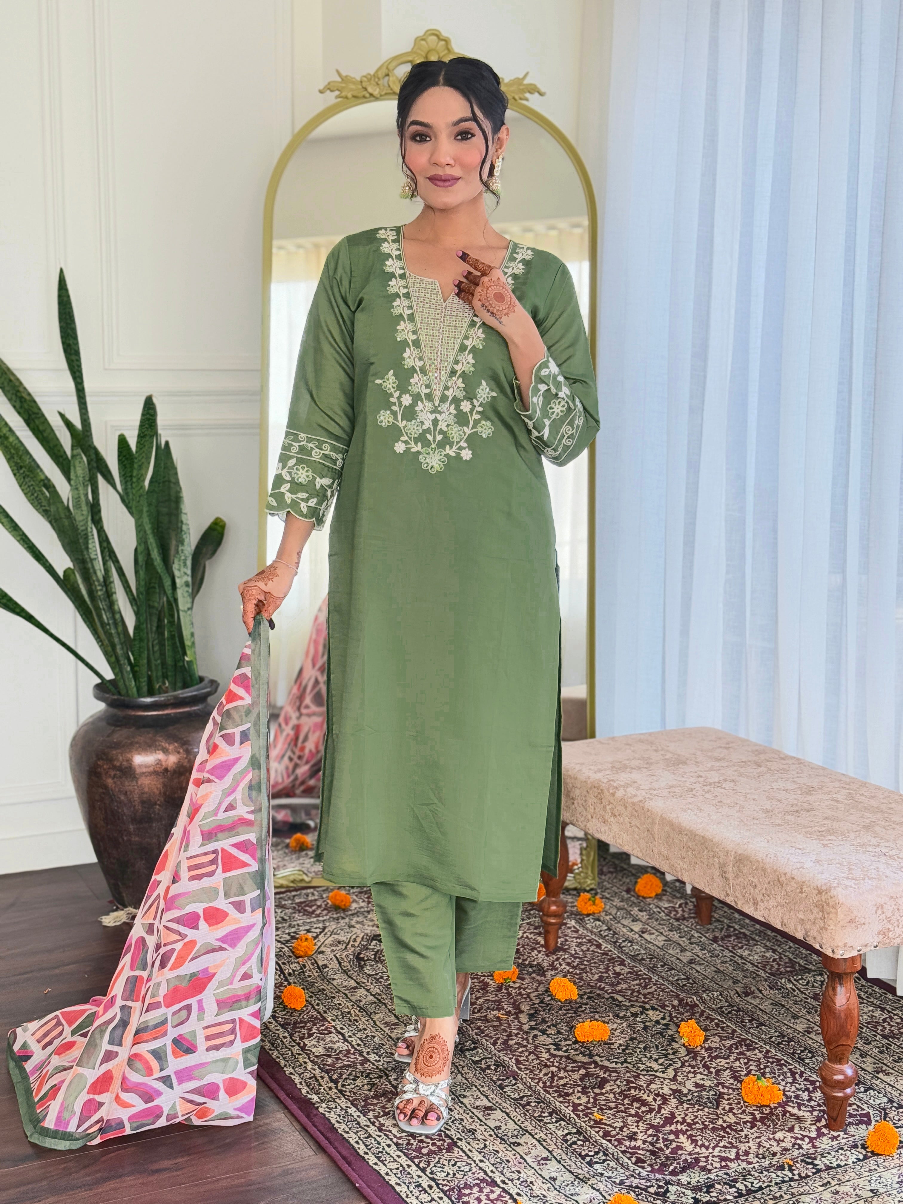 Mehendi Viscose Chanderi Kurta Pant With Embroidery Work And Printed Dupatta