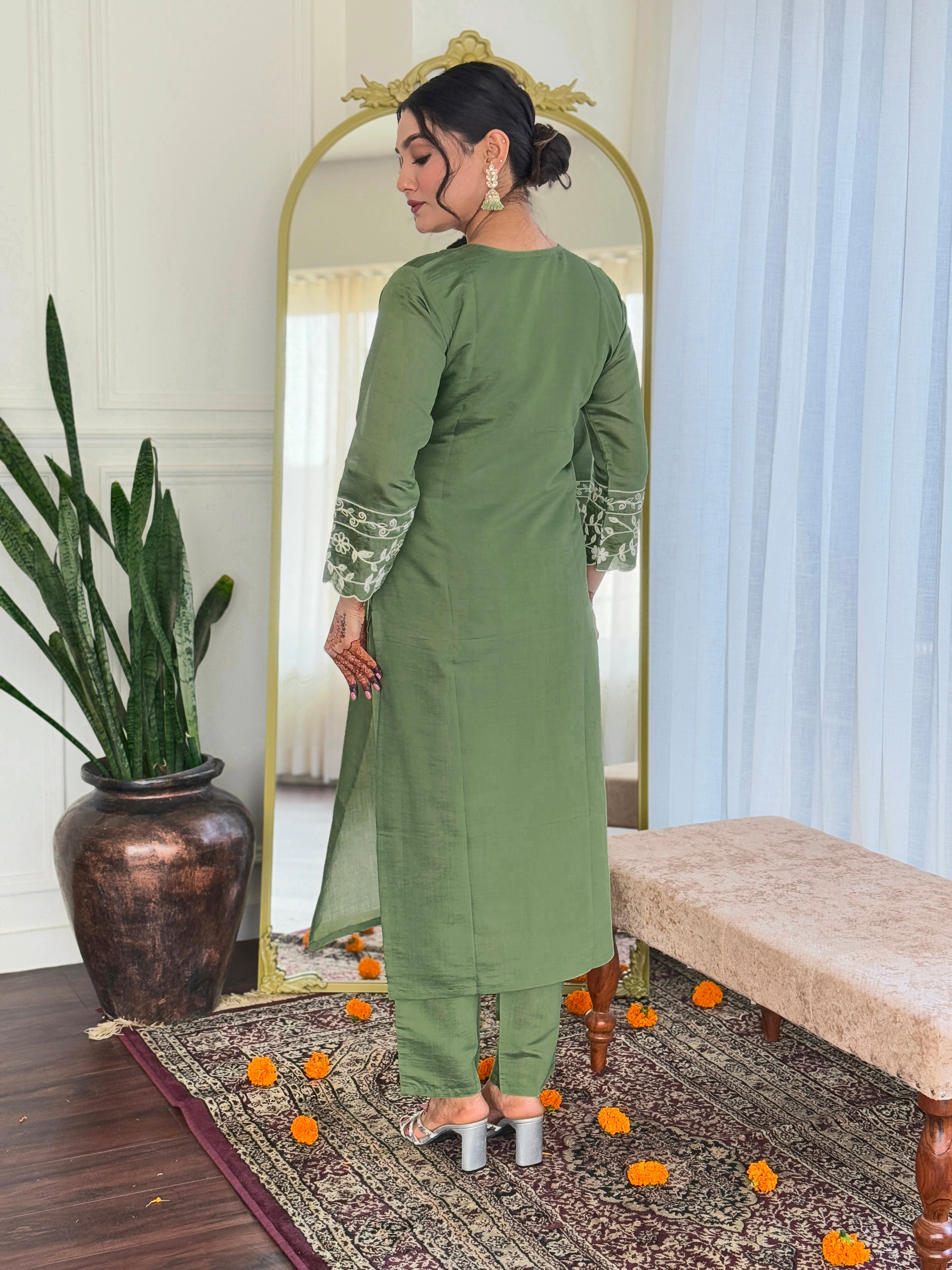 Mehendi Viscose Chanderi Kurta Pant With Embroidery Work And Printed Dupatta