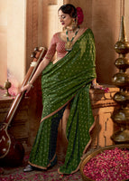 Mehendi Viscose Crepe Saree with Butti Weaving and Embroidered Blouse
