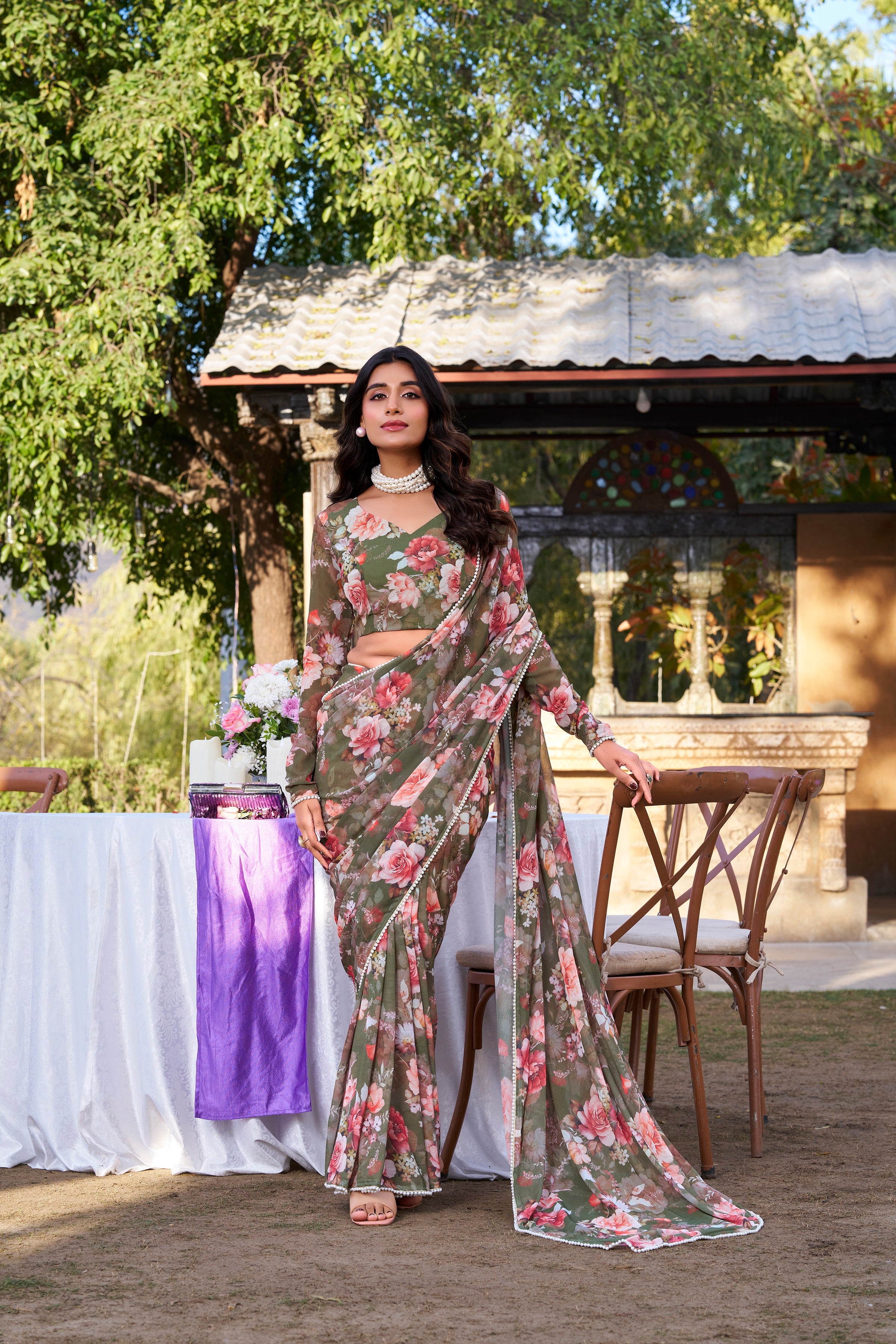 Mehendi Weightless Marble Print Saree with Pearl Lace Border