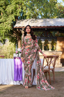 Mehendi Weightless Marble Print Saree with Pearl Lace Border